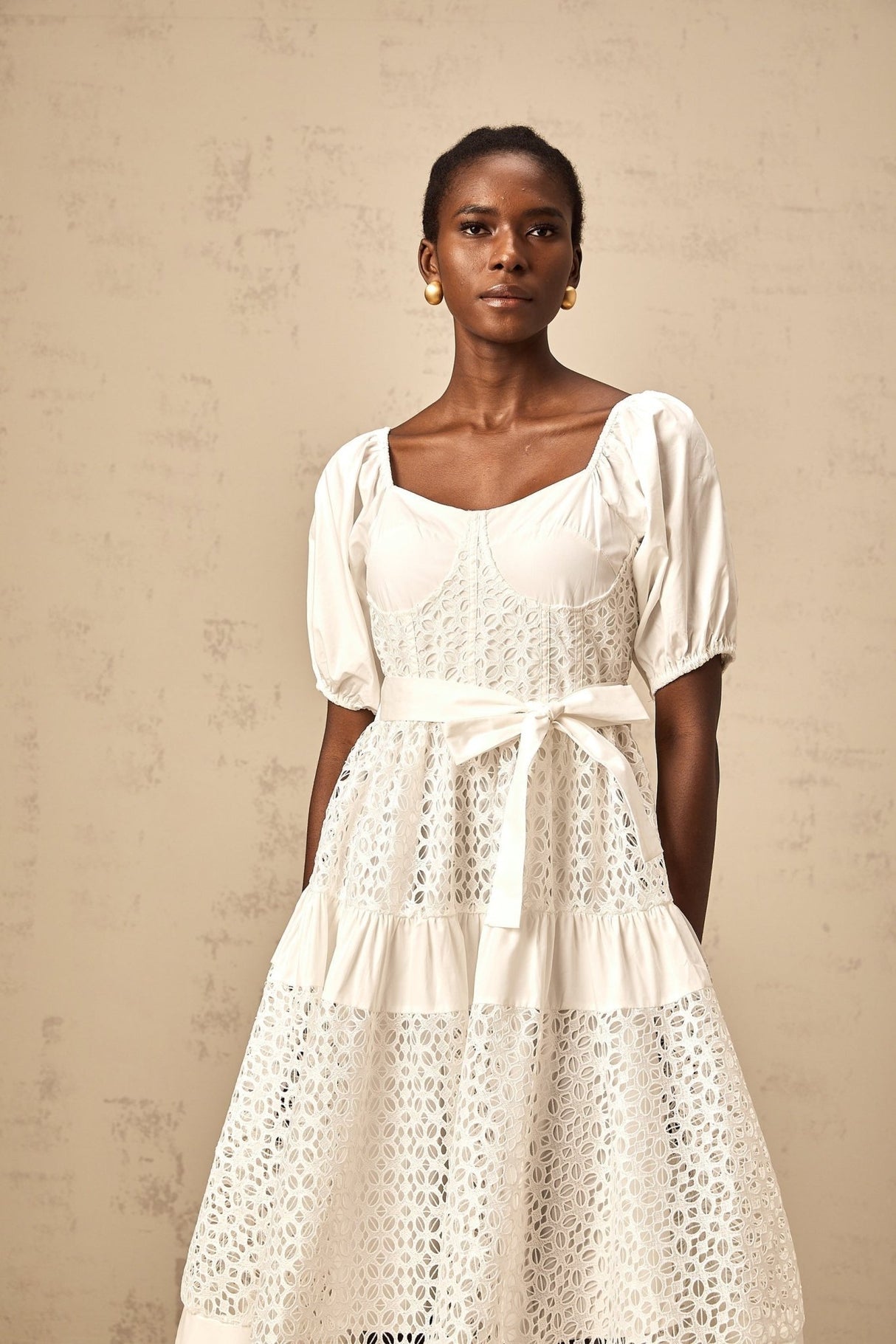 Carolina Midi Dress - Sweetheart Neck - Puff Sleeves - Lace Paneling - Tiered Design - Self - Tie Waist