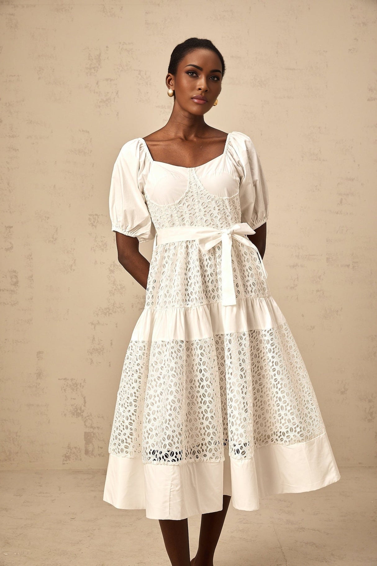 Carolina Midi Dress - Sweetheart Neck - Puff Sleeves - Lace Paneling - Tiered Design - Self - Tie Waist