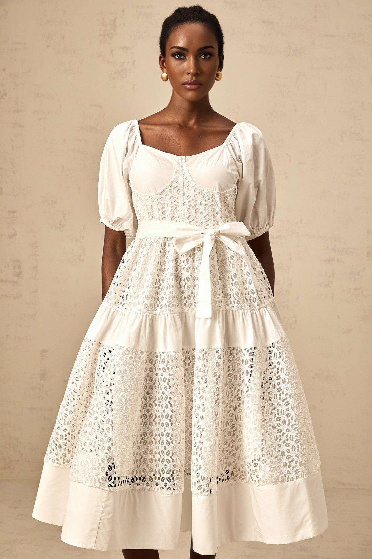 Carolina Midi Dress - Sweetheart Neck - Puff Sleeves - Lace Paneling - Tiered Design - Self - Tie Waist