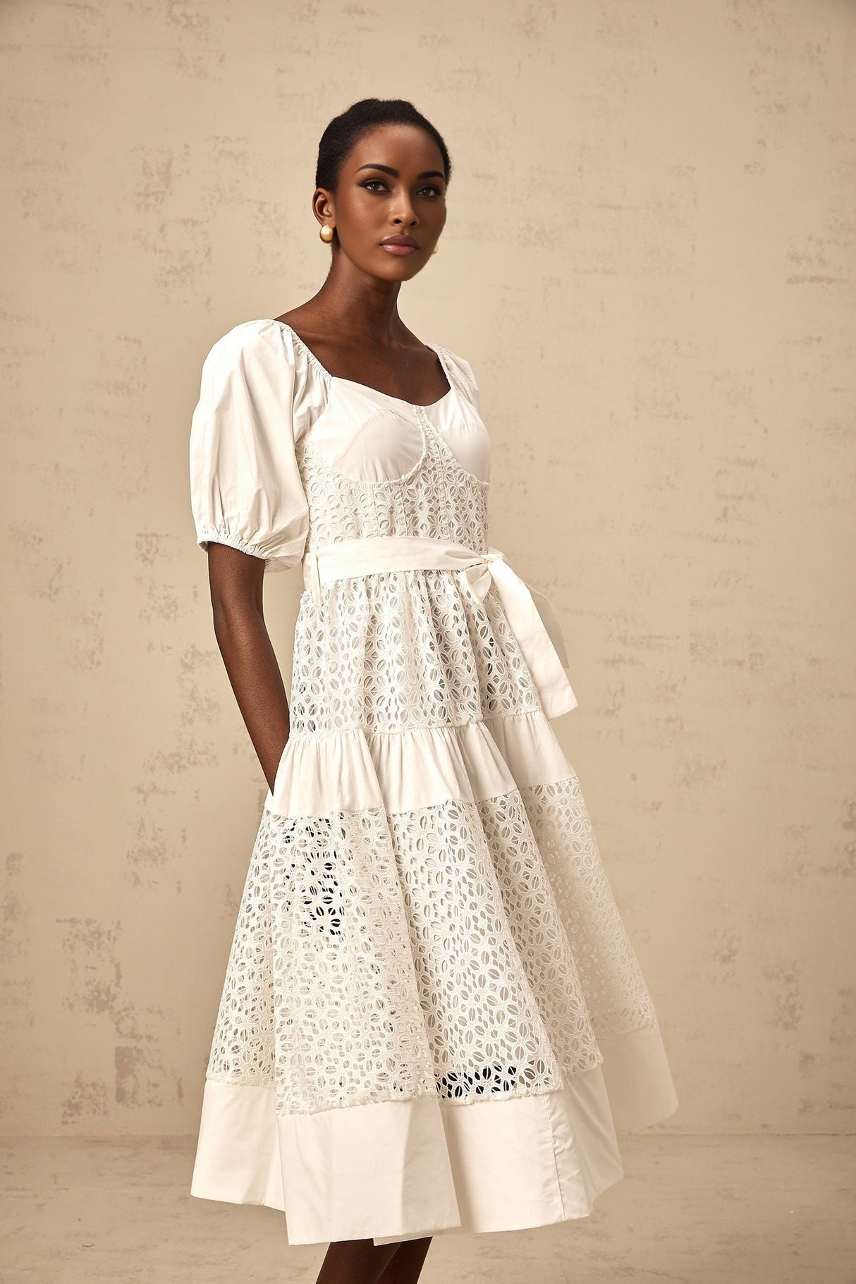 Carolina Midi Dress - Sweetheart Neck - Puff Sleeves - Lace Paneling - Tiered Design - Self - Tie Waist