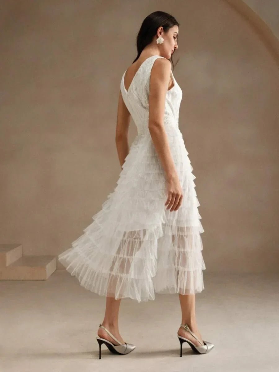 Carolina Midi Dress - V Neck - Wedding - Layered Hem - High Waist - Elegant Style