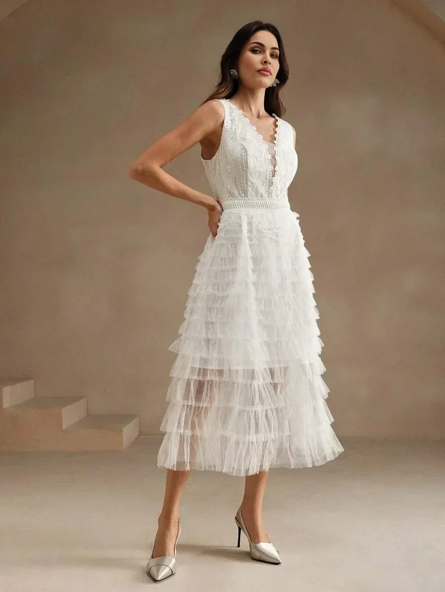 Carolina Midi Dress - V Neck - Wedding - Layered Hem - High Waist - Elegant Style