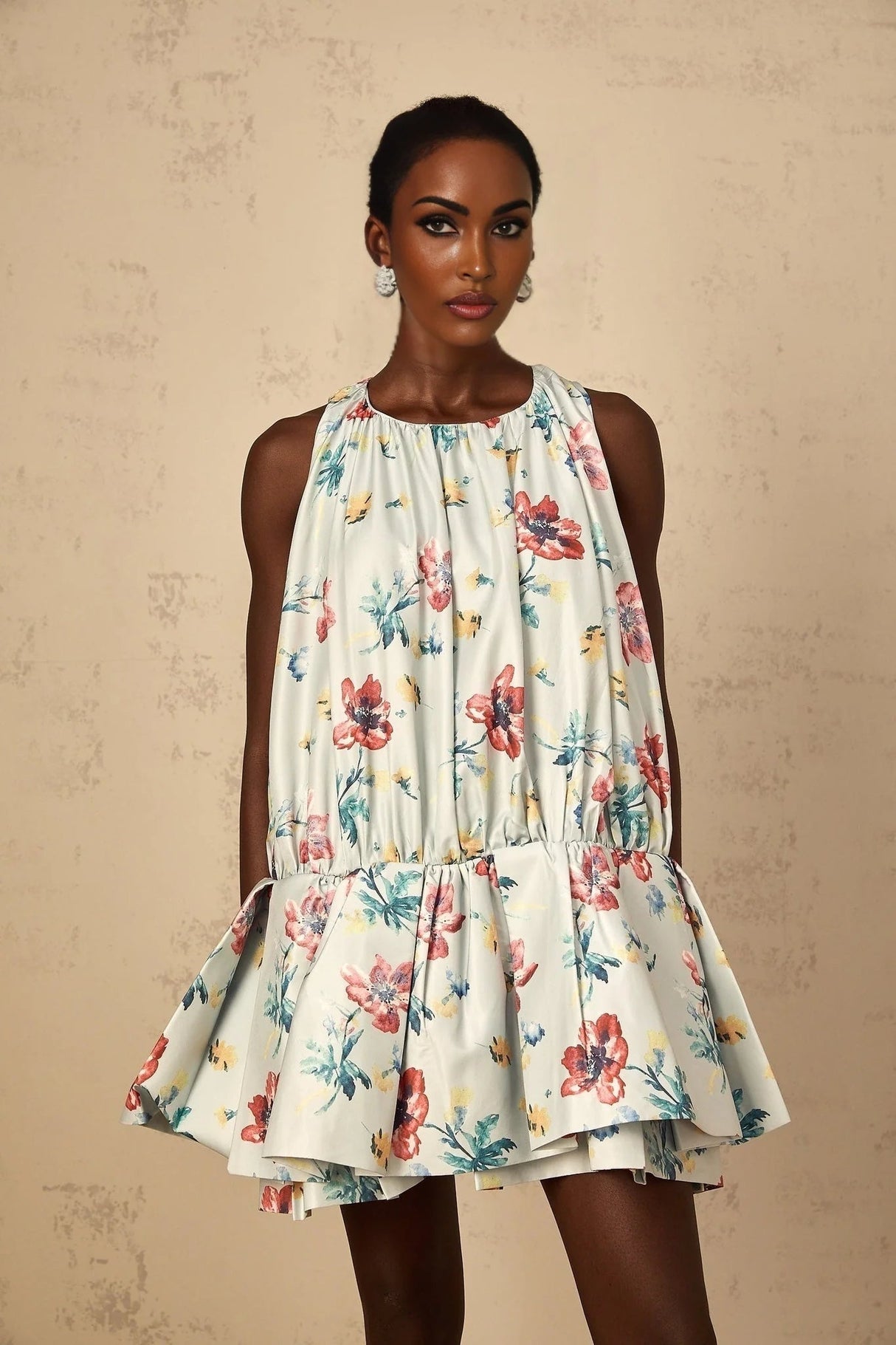 Carolina Mini Dress Green Floral Print Puff Skirt Ruffle Detail & Button Fastening