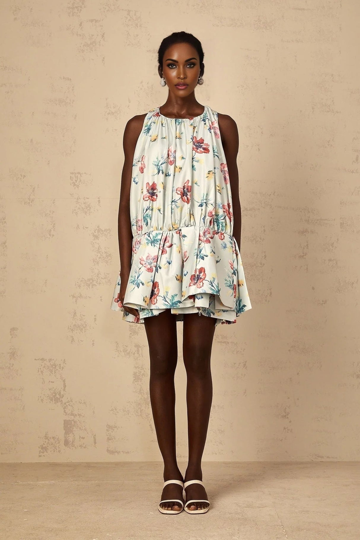 Carolina Mini Dress Green Floral Print Puff Skirt Ruffle Detail & Button Fastening