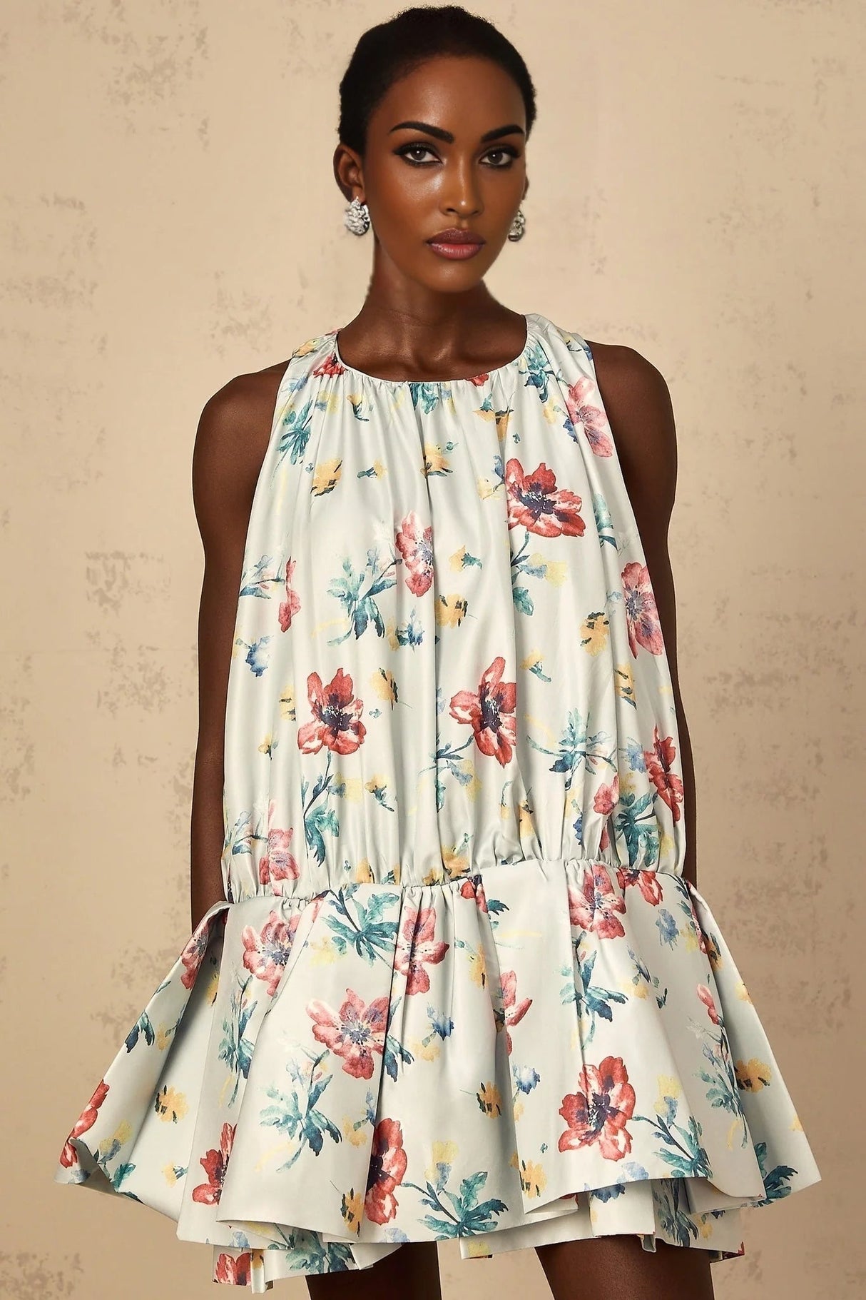 Carolina Mini Dress Green Floral Print Puff Skirt Ruffle Detail & Button Fastening