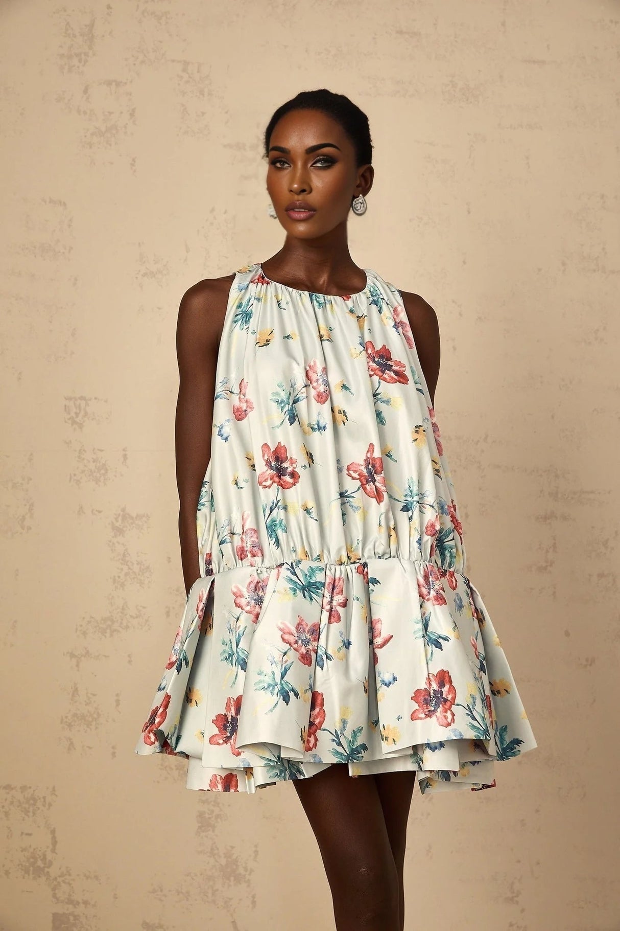 Carolina Mini Dress Green Floral Print Puff Skirt Ruffle Detail & Button Fastening