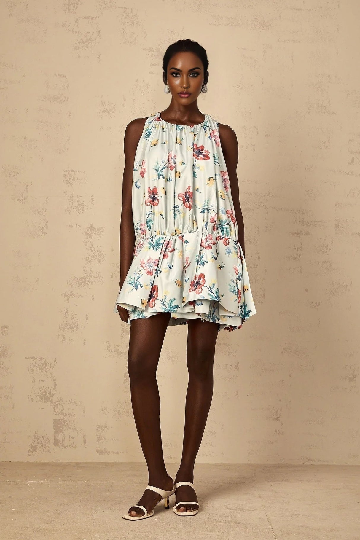 Carolina Mini Dress Green Floral Print Puff Skirt Ruffle Detail & Button Fastening