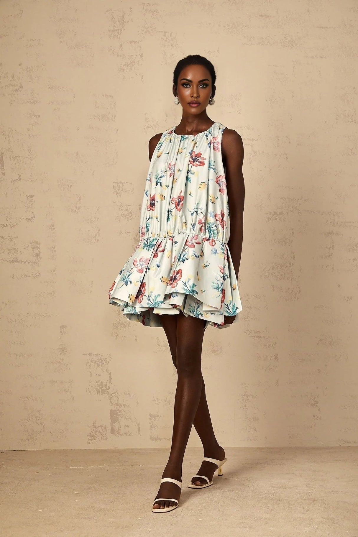 Carolina Mini Dress Green Floral Print Puff Skirt Ruffle Detail & Button Fastening