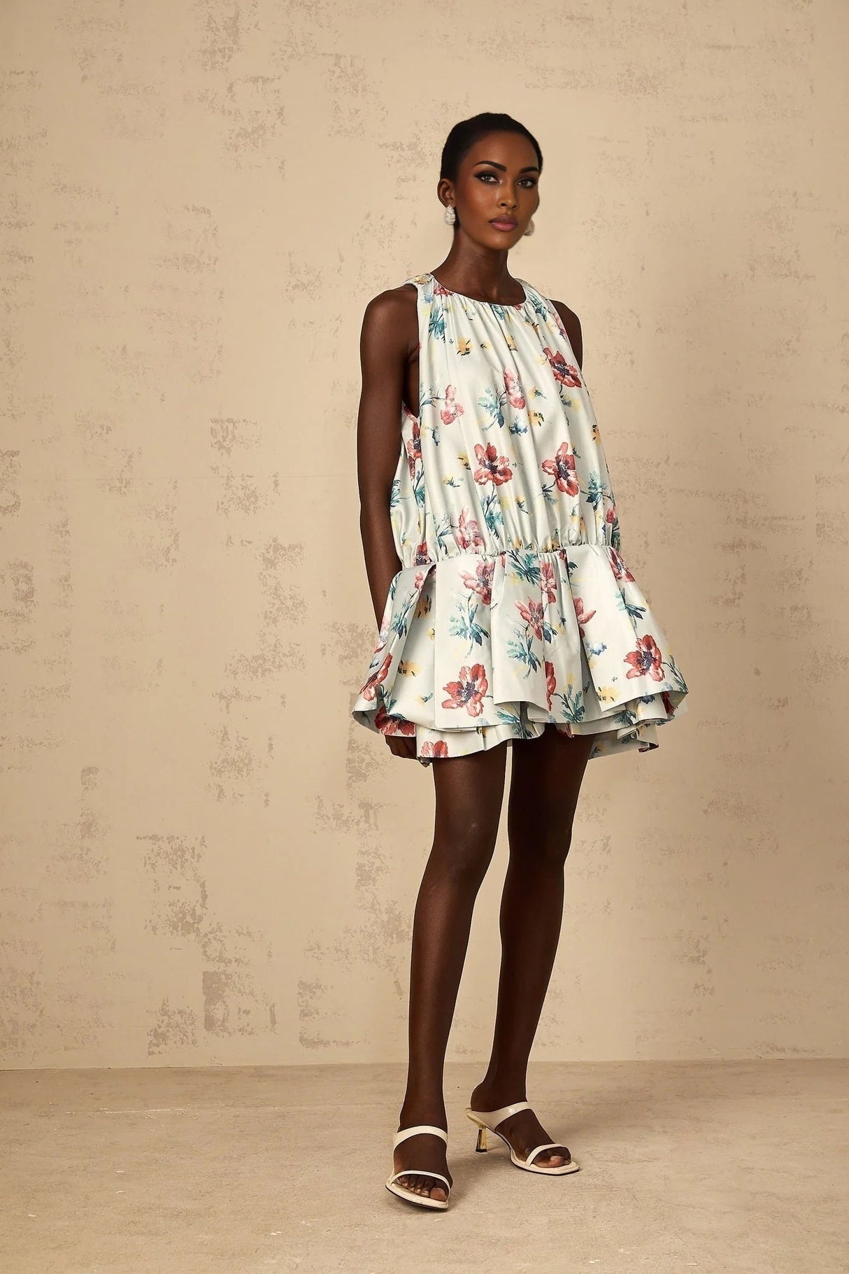 Carolina Mini Dress Green Floral Print Puff Skirt Ruffle Detail & Button Fastening