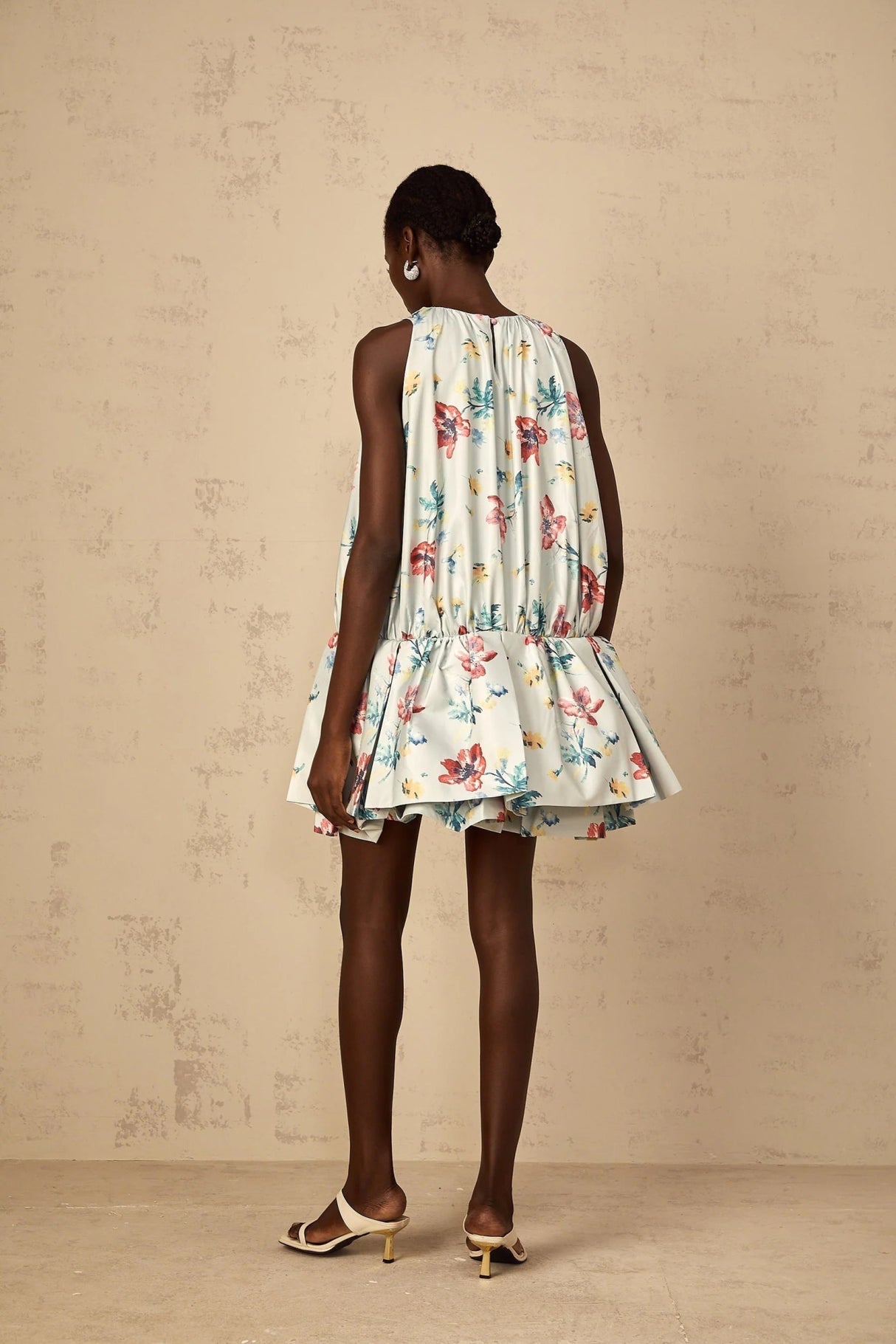 Carolina Mini Dress Green Floral Print Puff Skirt Ruffle Detail & Button Fastening