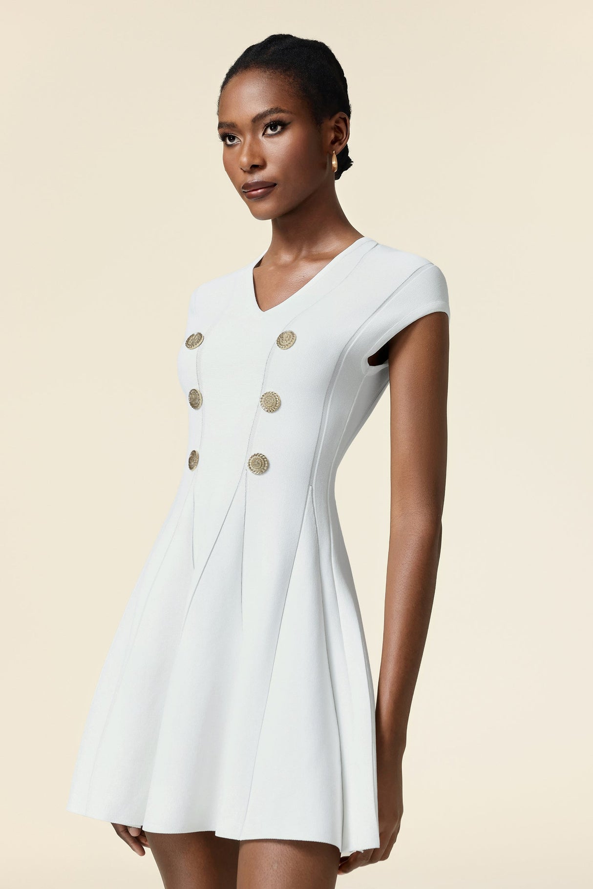 Carolina White Mini Dress V Neck Short Sleeve Button Detail Flared Skirt