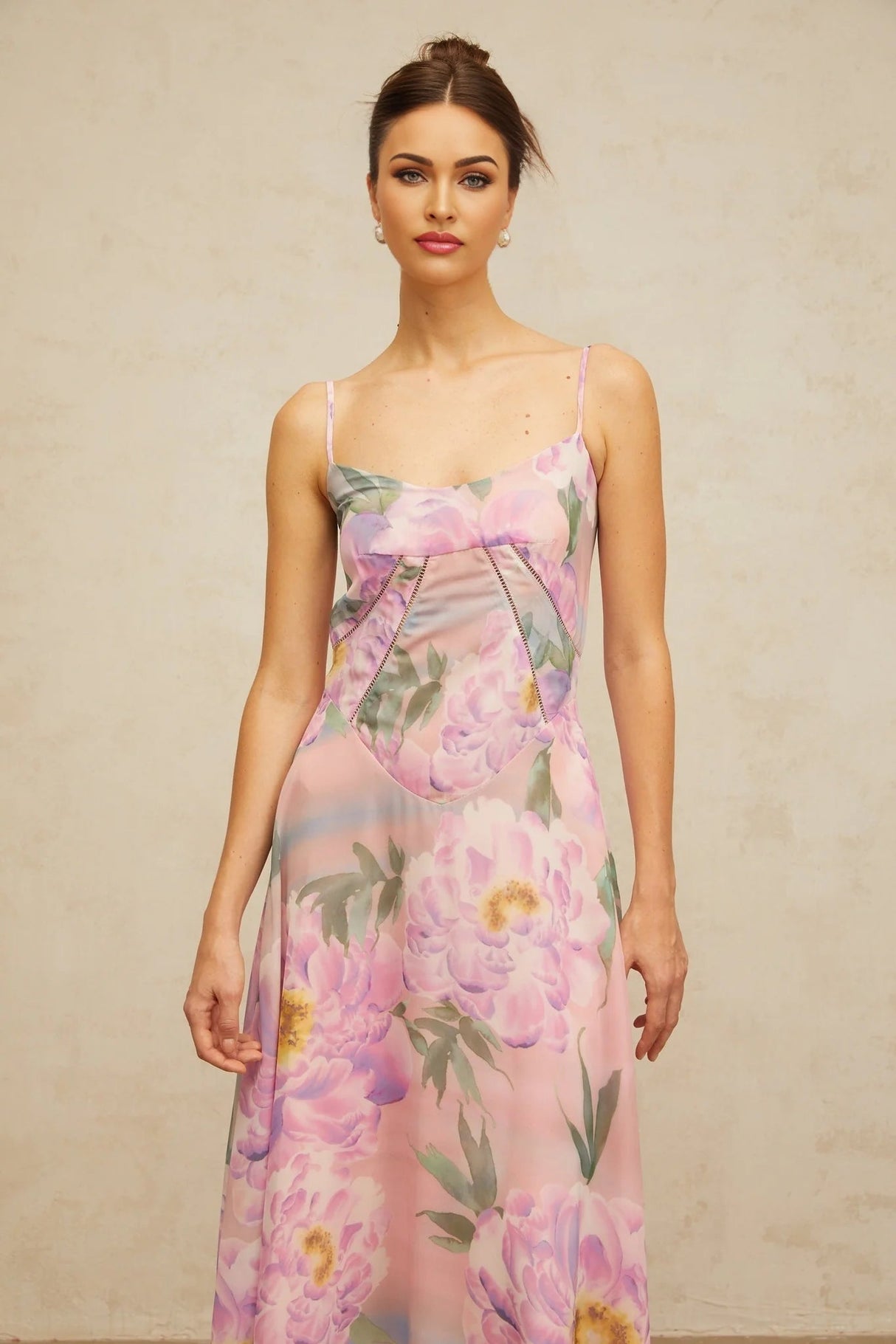 Caroline Maxi Dress Pink Floral Draped & Shirred Multicolor