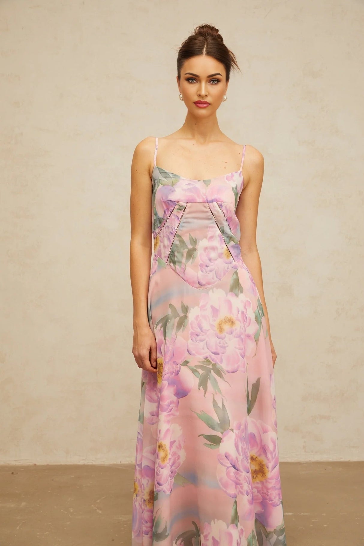 Caroline Maxi Dress Pink Floral Draped & Shirred Multicolor