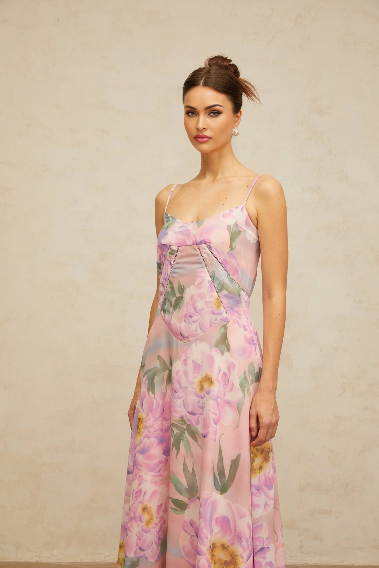 Caroline Maxi Dress Pink Floral Draped & Shirred Multicolor