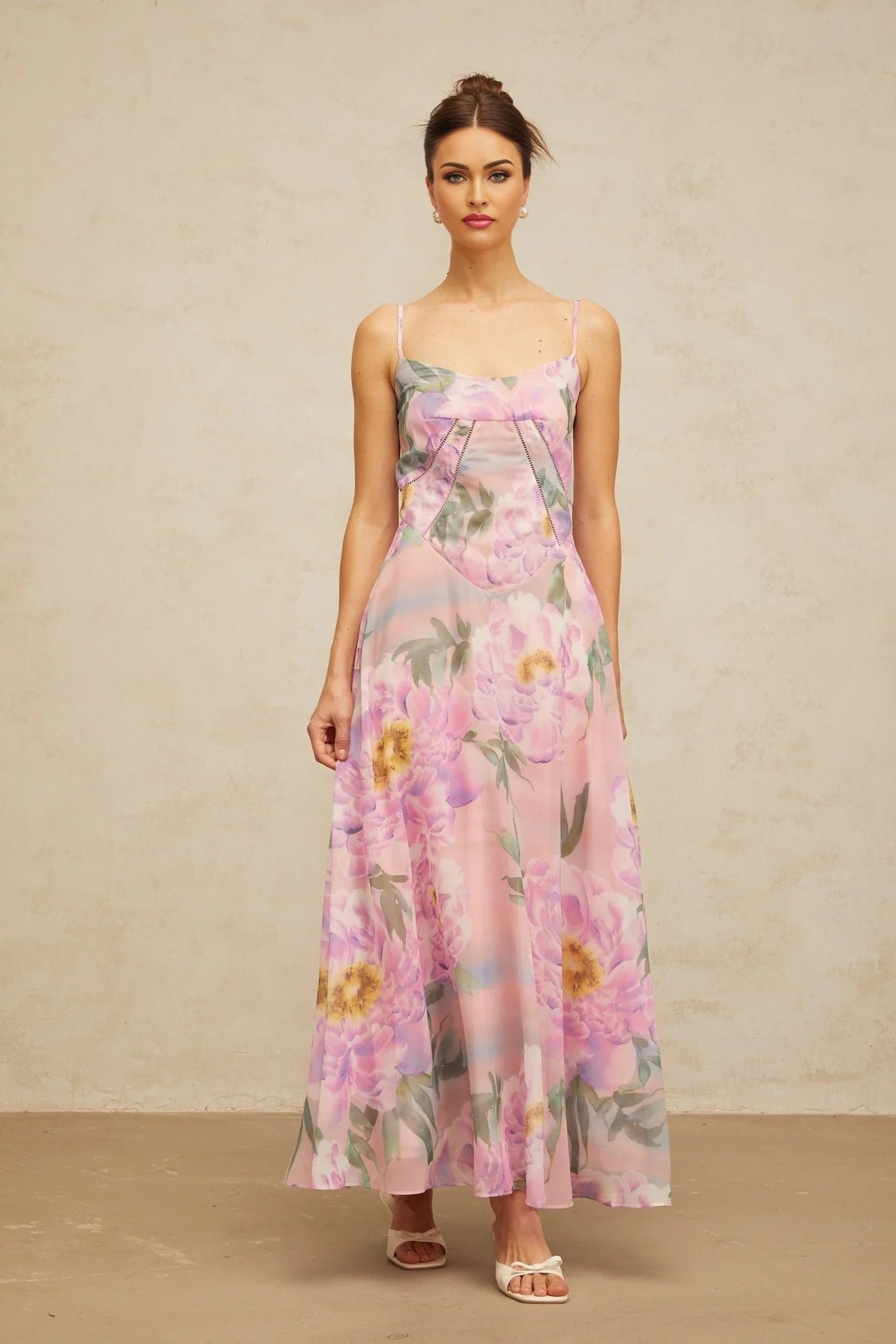 Caroline Maxi Dress Pink Floral Draped & Shirred Multicolor