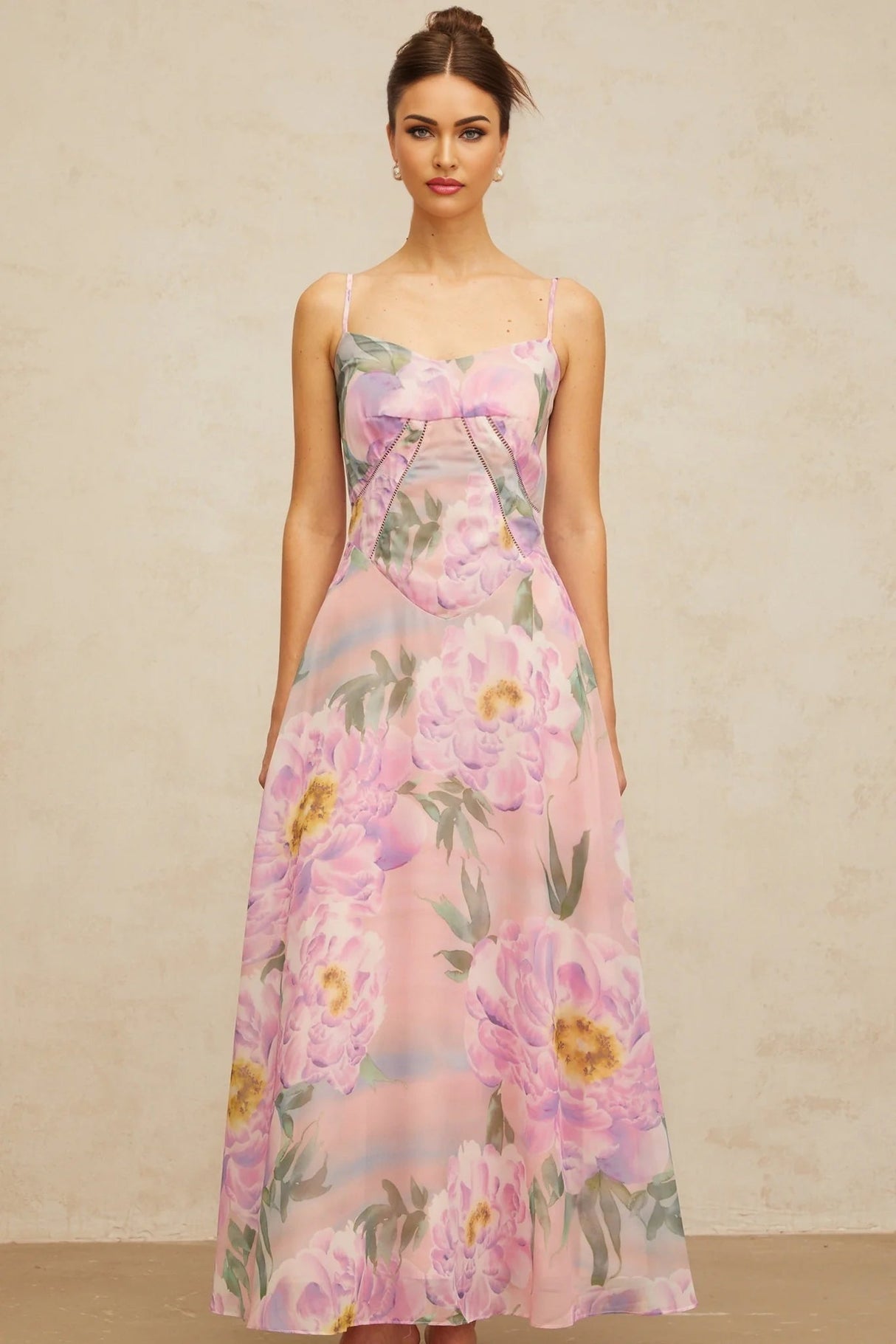Caroline Maxi Dress Pink Floral Draped & Shirred Multicolor