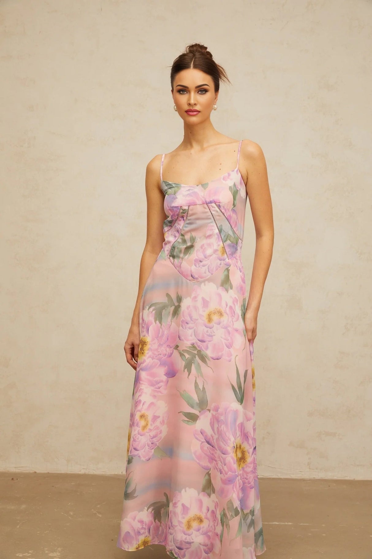 Caroline Maxi Dress Pink Floral Draped & Shirred Multicolor