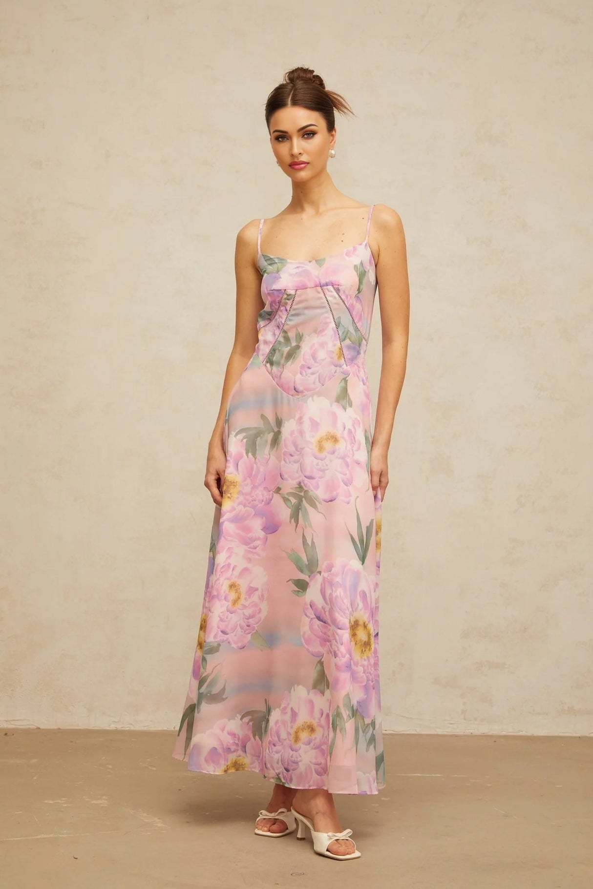 Caroline Maxi Dress Pink Floral Draped & Shirred Multicolor