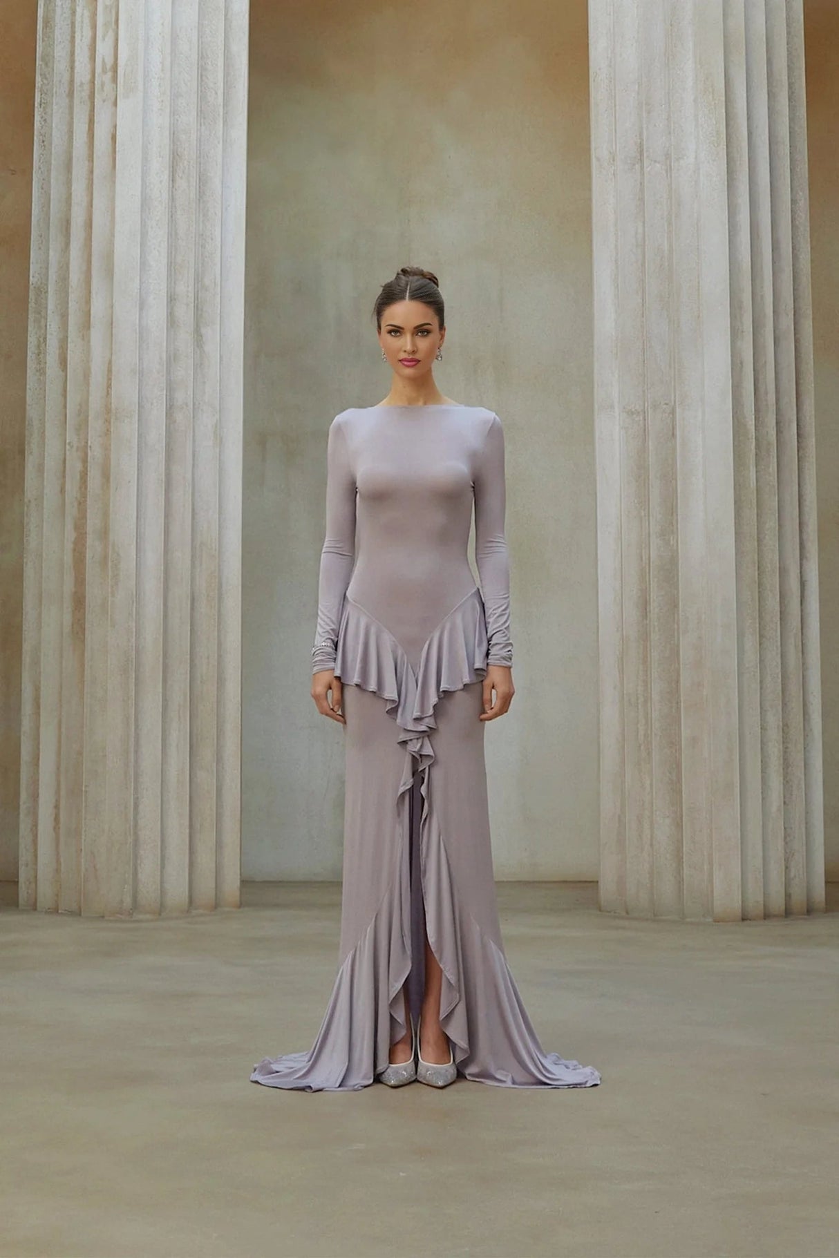 Caroline Maxi Dress Purple Ruffle Front Slit