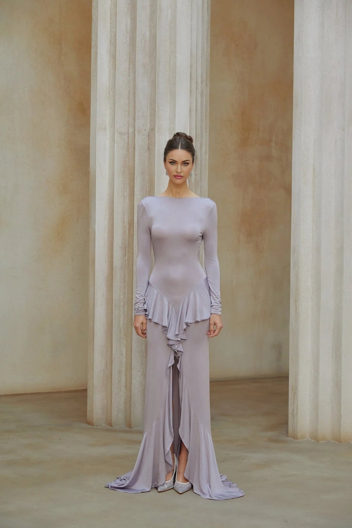 Caroline Maxi Dress Purple Ruffle Front Slit