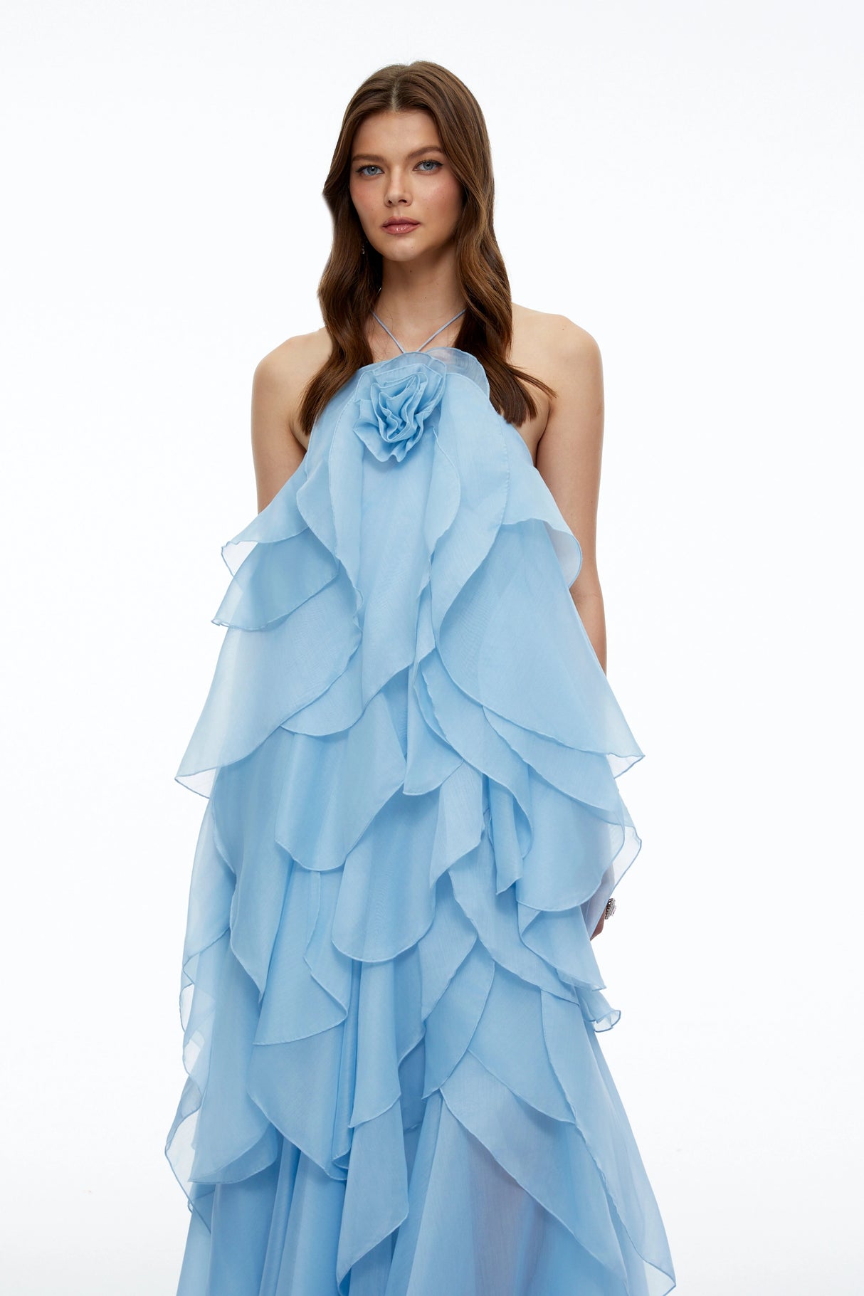 Carrie Blue Halterneck Flounced Maxi Dress