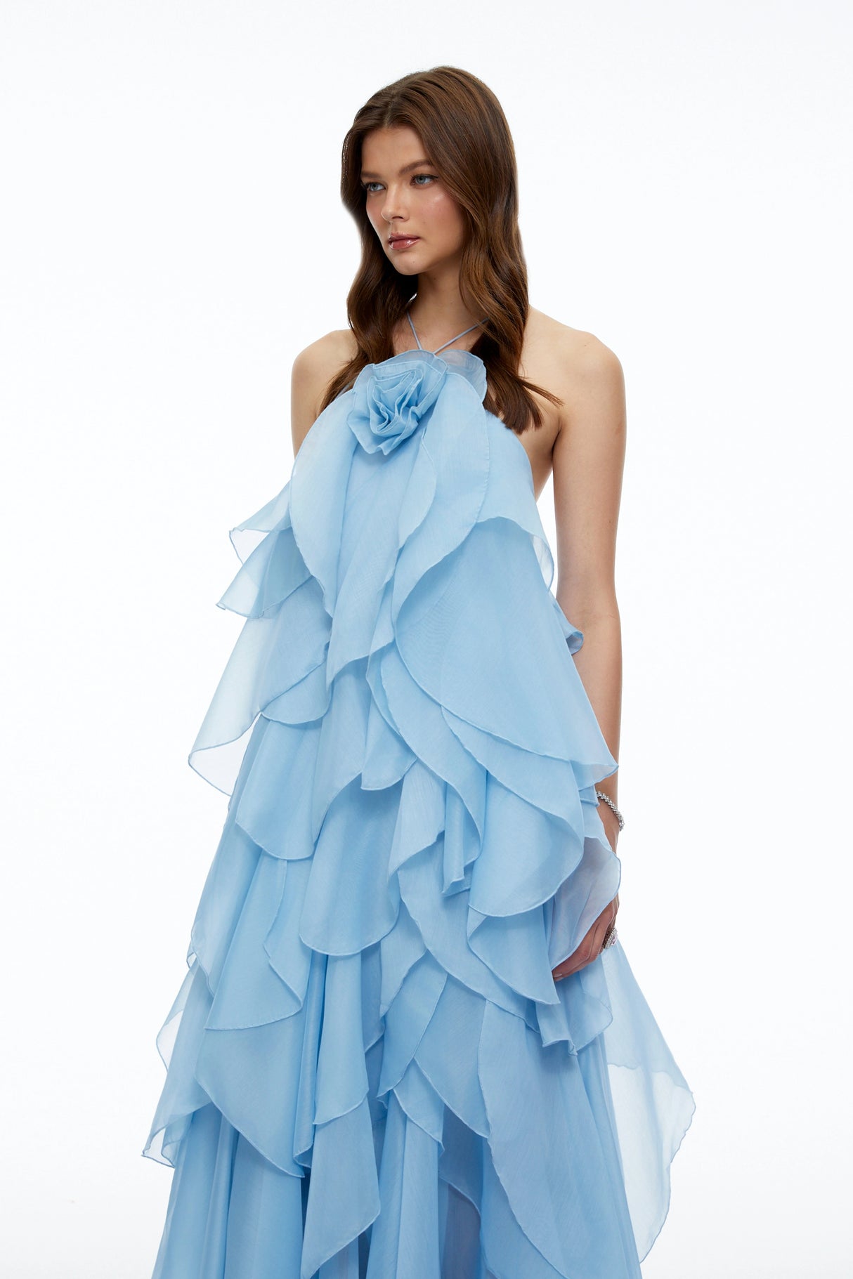 Carrie Blue Halterneck Flounced Maxi Dress