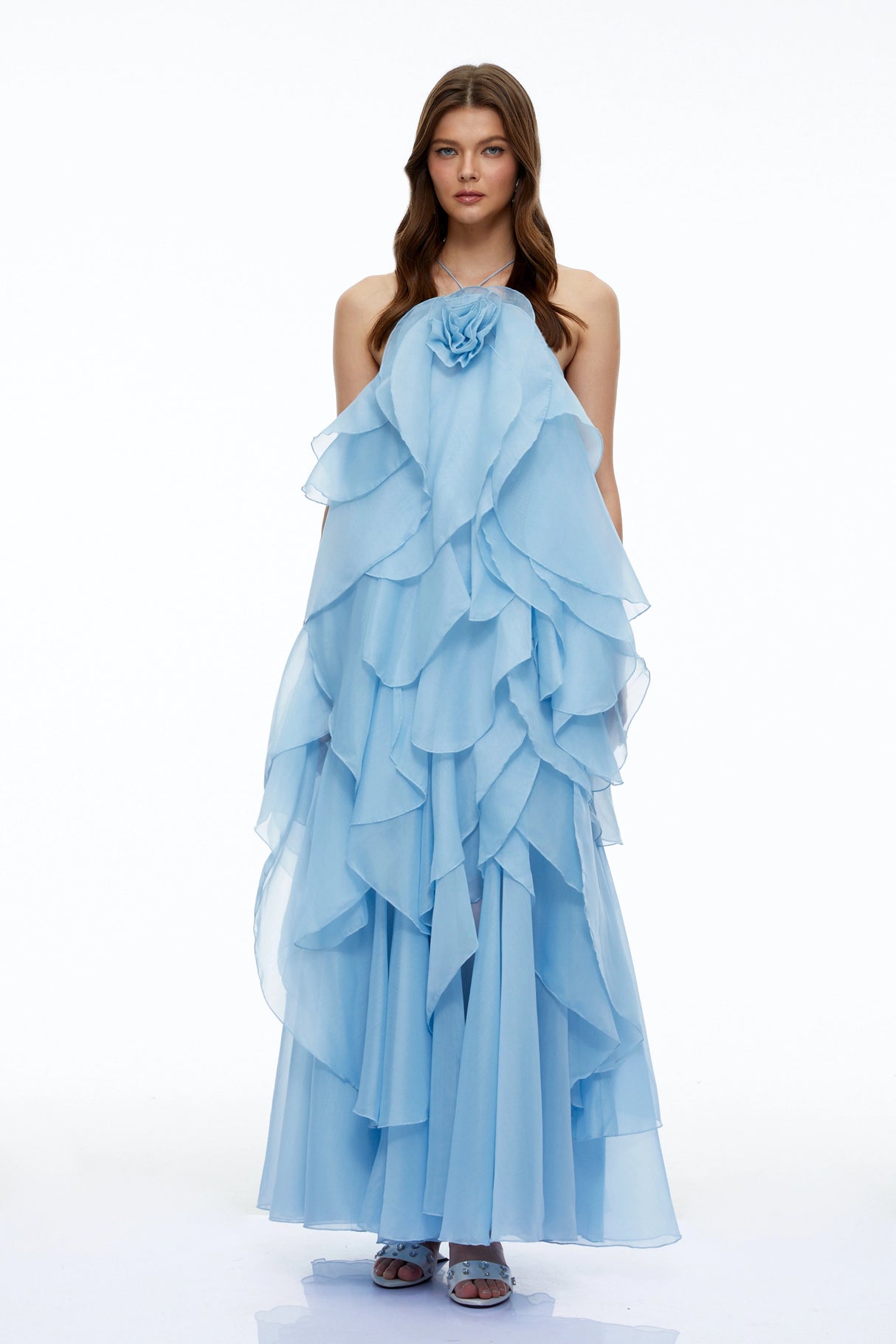 Carrie Blue Halterneck Flounced Maxi Dress