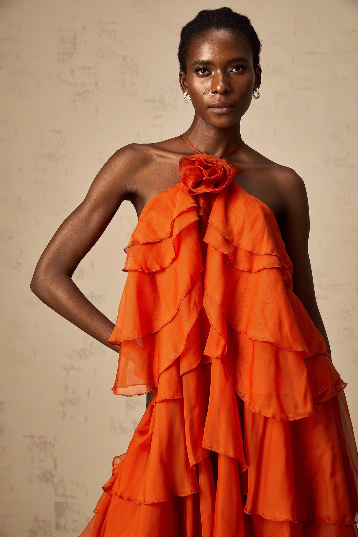 Carrie Orange Halterneck Flounced Maxi Dress