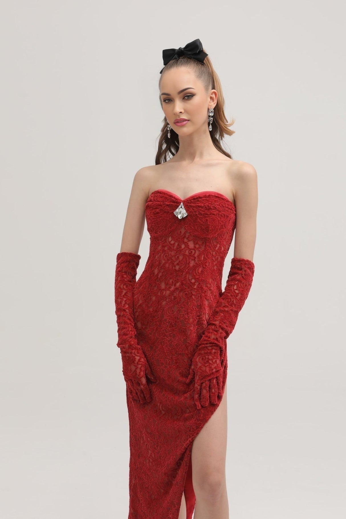 Casemiro Lace Midi Dress - Off - Shoulder - Diamond Accent - Gloves Included - Side Slit