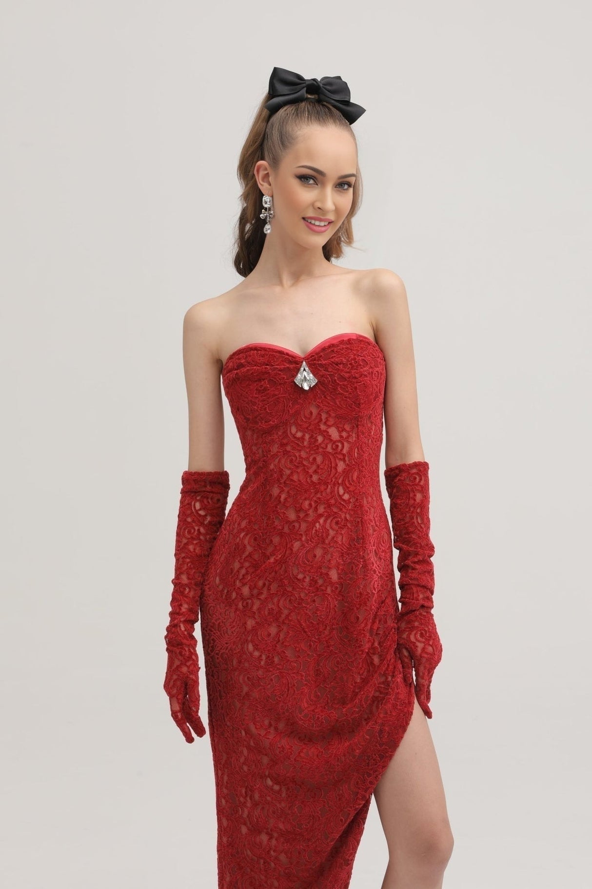 Casemiro Lace Midi Dress - Off - Shoulder - Diamond Accent - Gloves Included - Side Slit