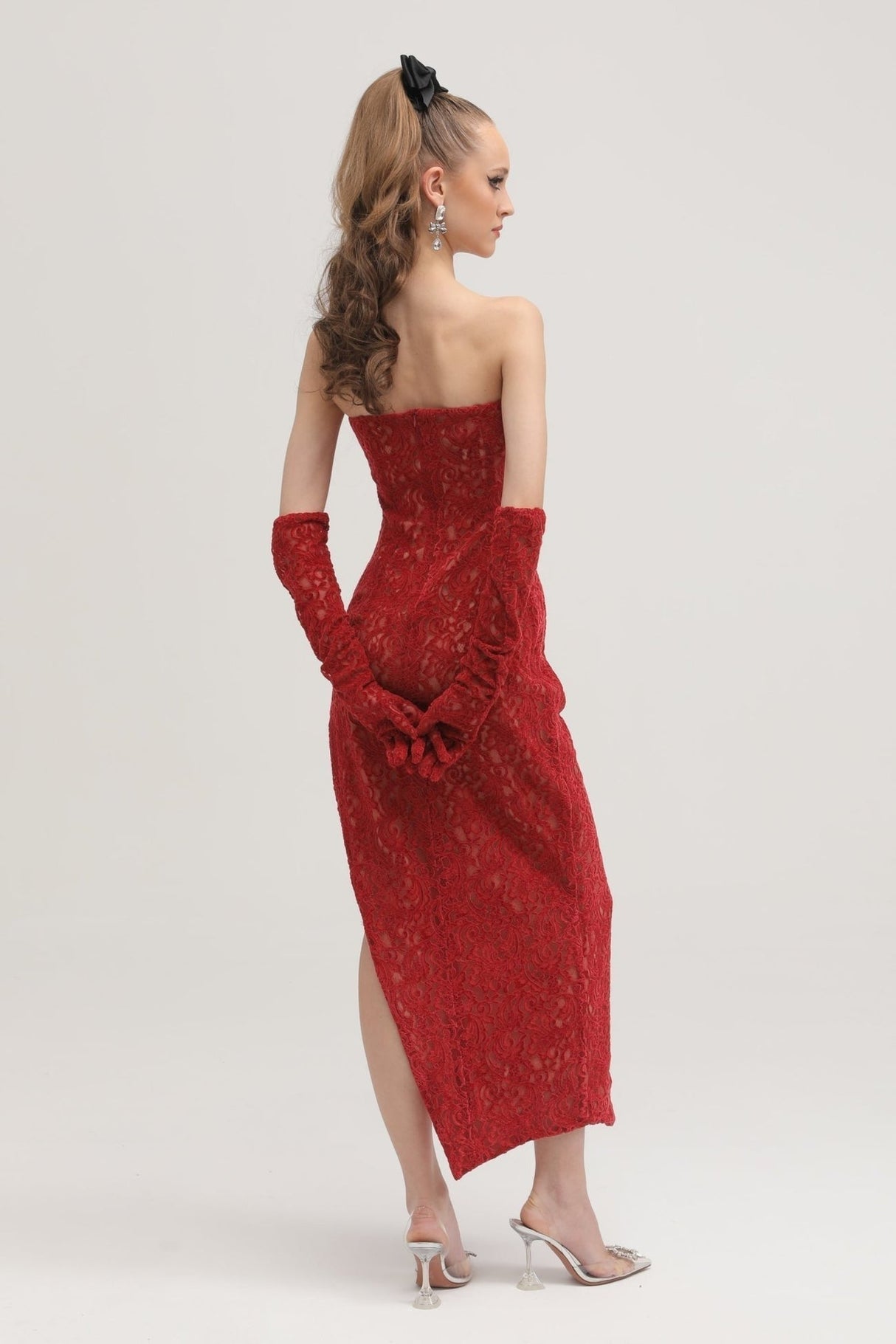 Casemiro Lace Midi Dress - Off - Shoulder - Diamond Accent - Gloves Included - Side Slit