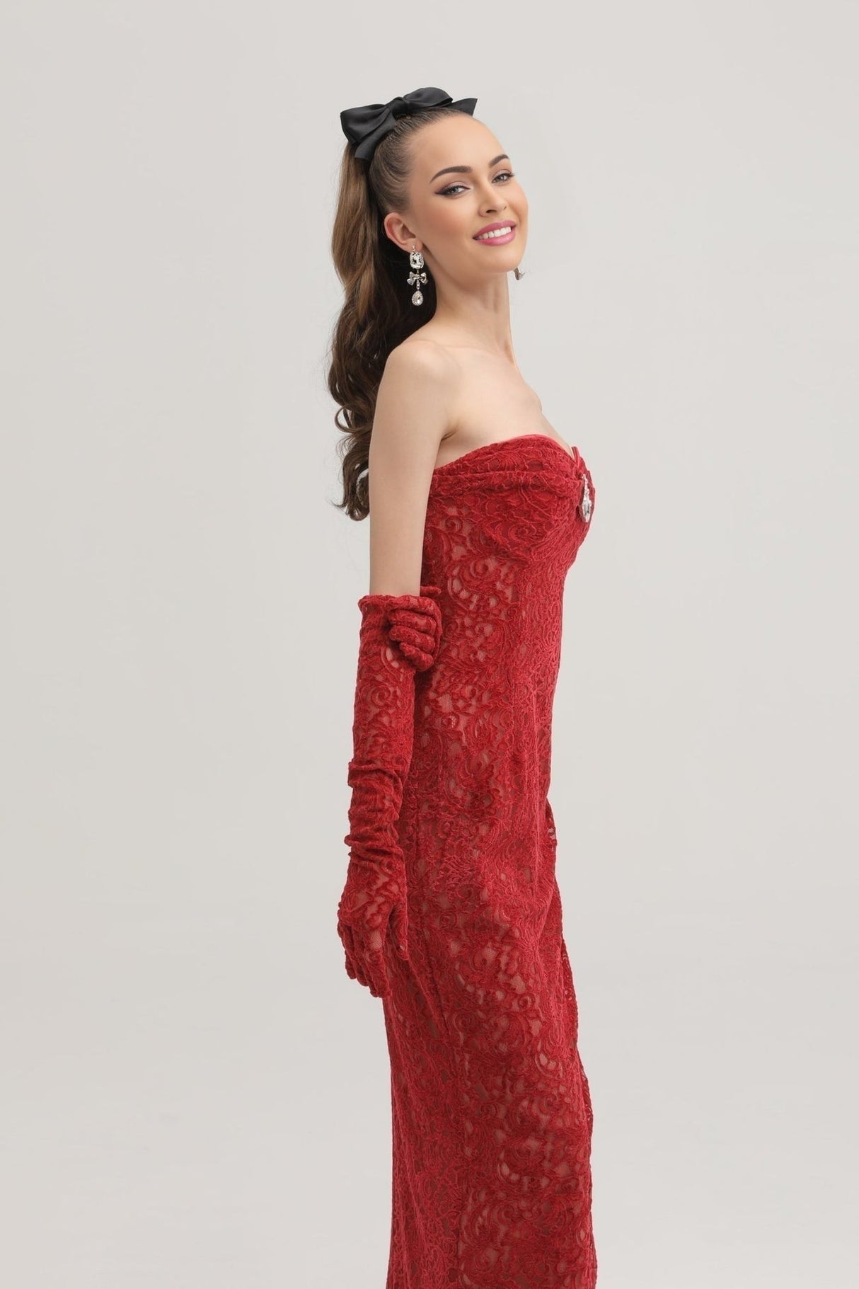 Casemiro Lace Midi Dress - Off - Shoulder - Diamond Accent - Gloves Included - Side Slit