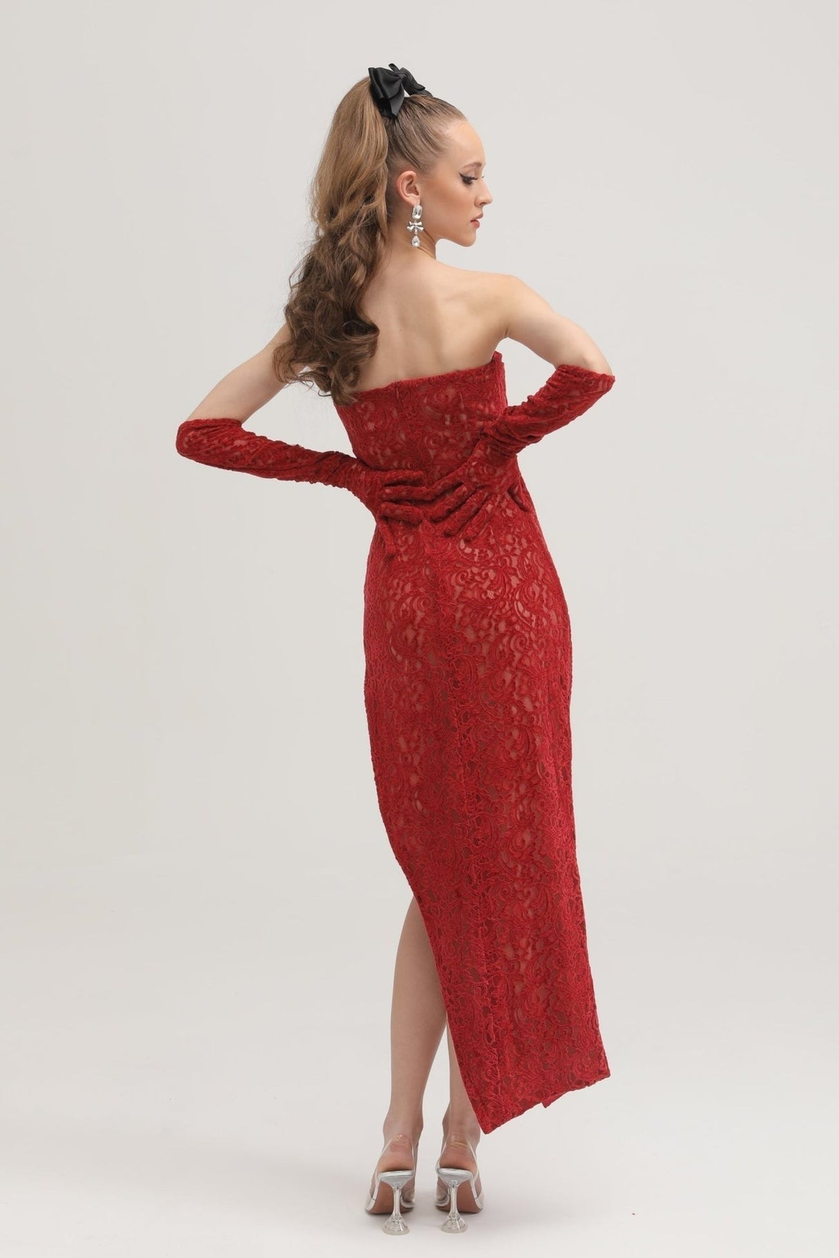 Casemiro Lace Midi Dress - Off - Shoulder - Diamond Accent - Gloves Included - Side Slit