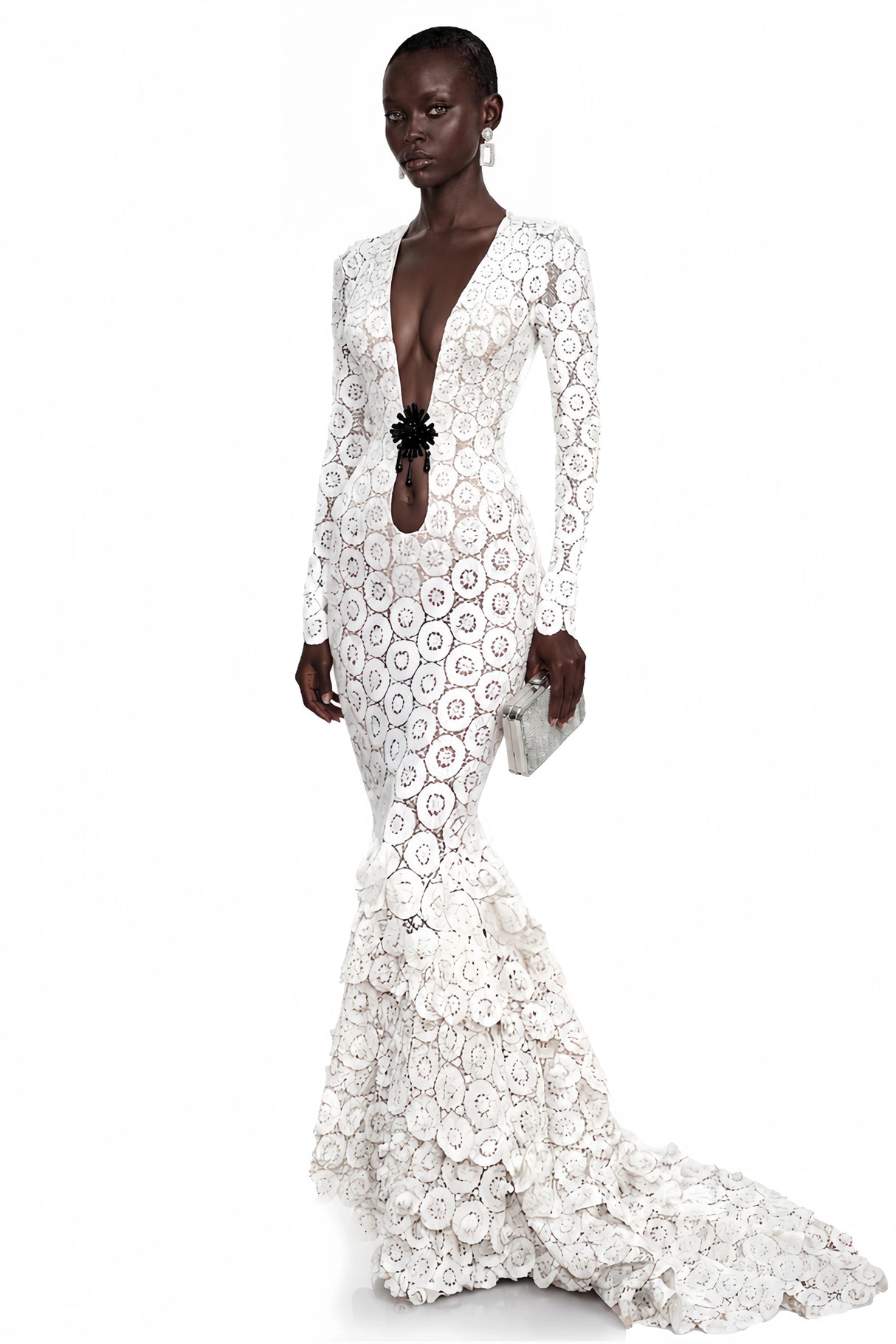 Cass White VNeck Lace Bodycon Maxi Dress