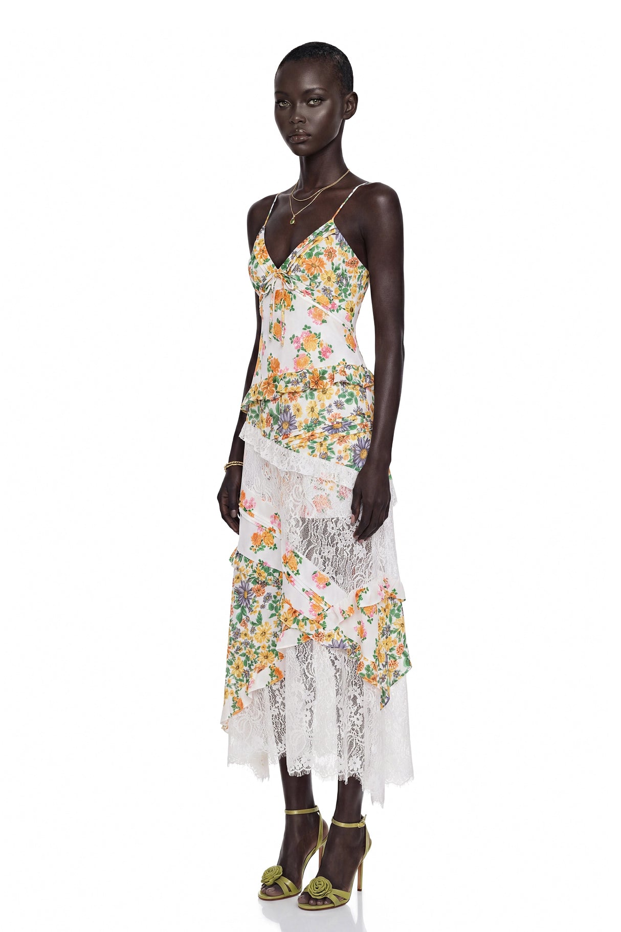 Cassandra Green Floral Print Maxi Dress with Lace Panels