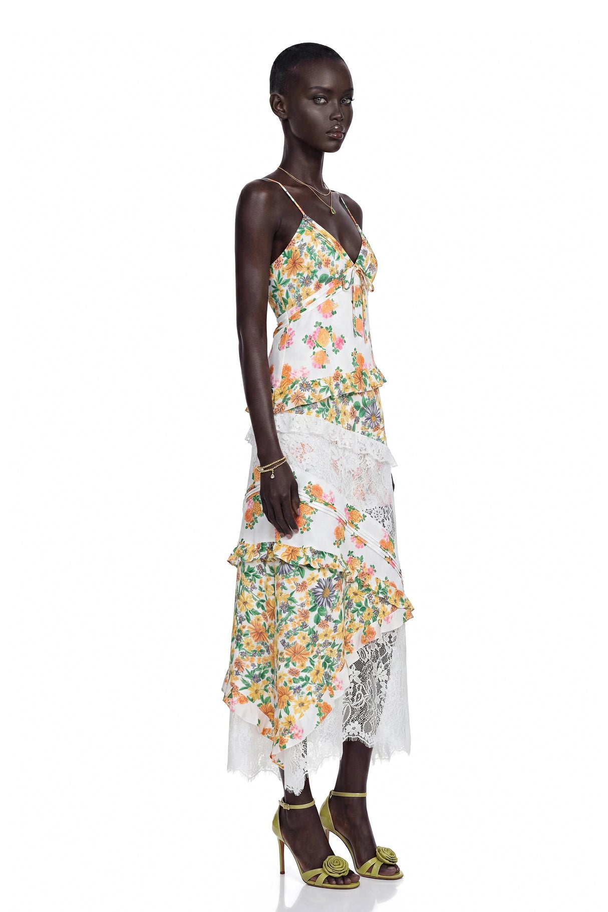 Cassandra Green Floral Print Maxi Dress with Lace Panels