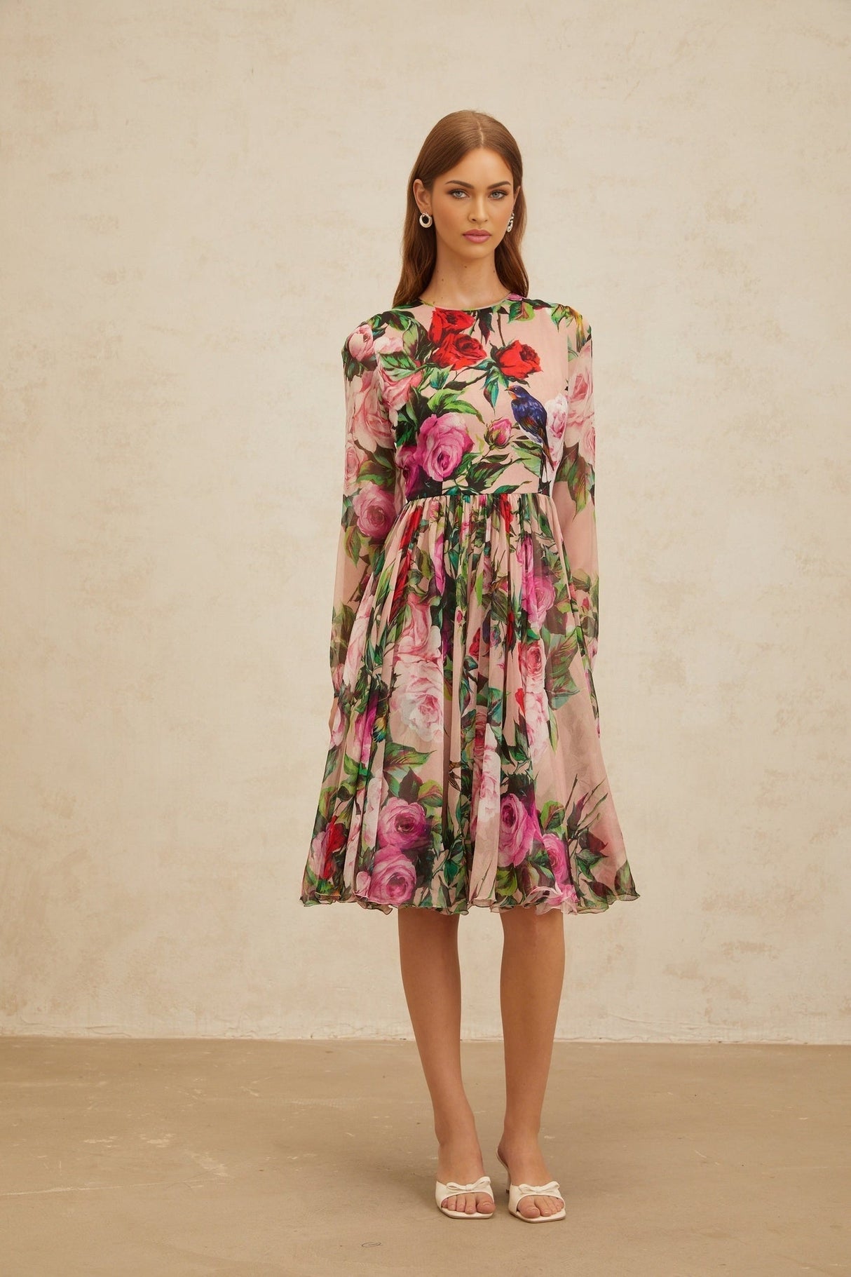 Cassandra Midi Dress - Long Sleeves - Rose Print - Shirred Panel - Rear Zip Fastening - Silk