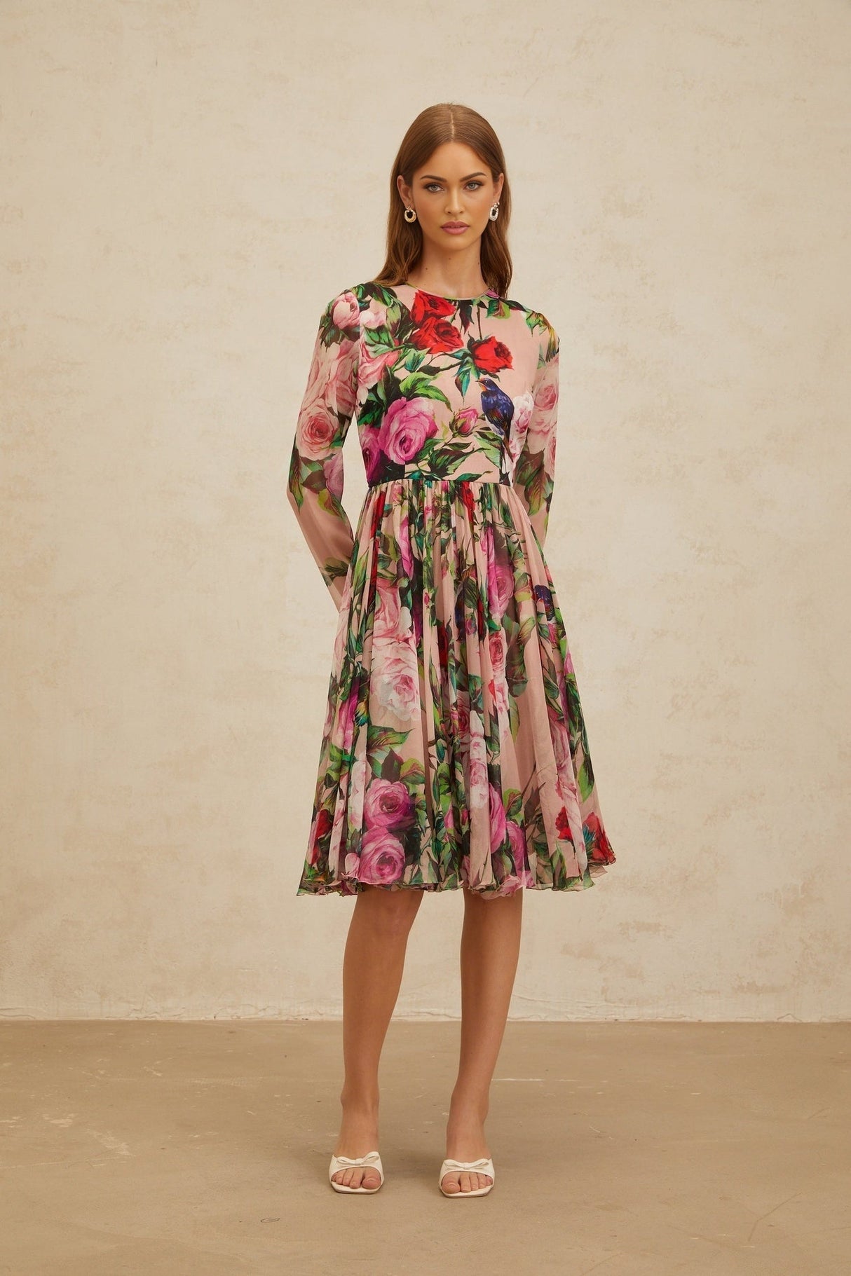 Cassandra Midi Dress - Long Sleeves - Rose Print - Shirred Panel - Rear Zip Fastening - Silk