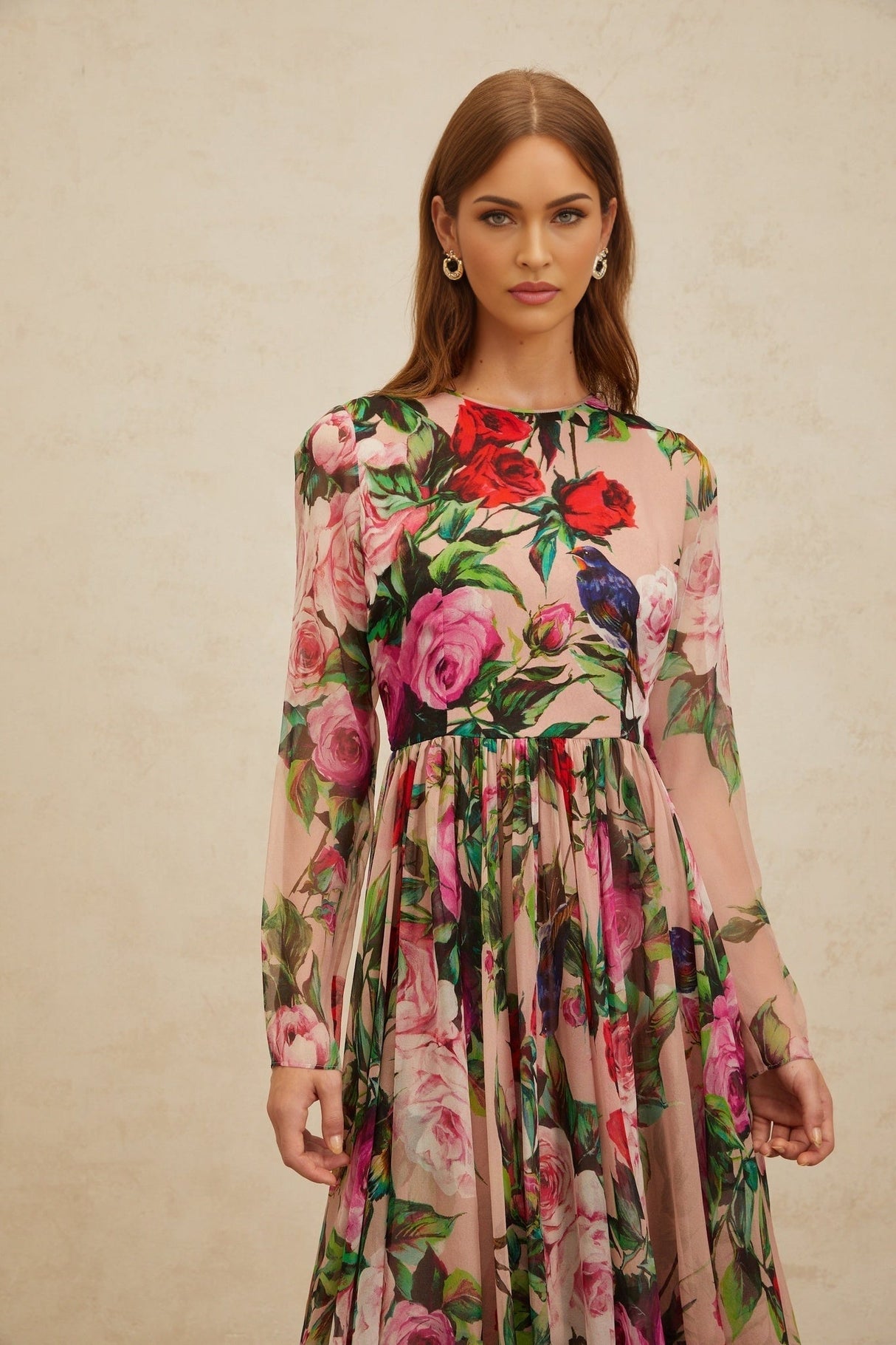 Cassandra Midi Dress - Long Sleeves - Rose Print - Shirred Panel - Rear Zip Fastening - Silk
