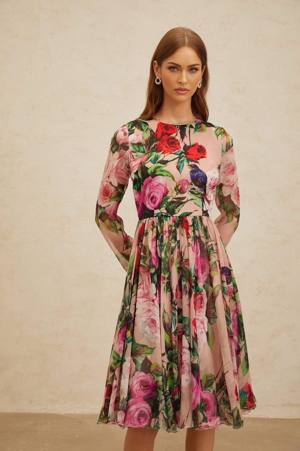 Cassandra Midi Dress - Long Sleeves - Rose Print - Shirred Panel - Rear Zip Fastening - Silk