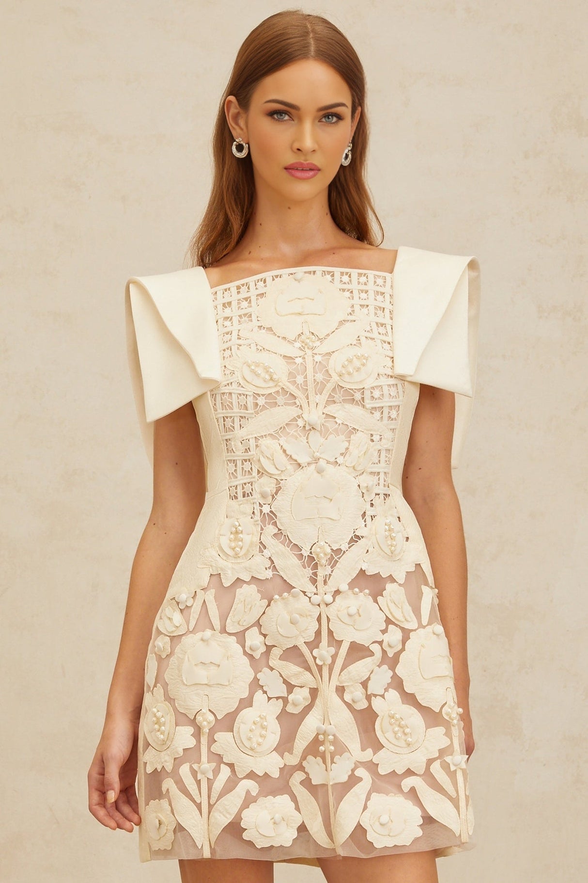 Cassandra Mini Dress - Bateau Neck - Cinched Waist - A - Line - Floral Jacquard - Crochet Detailing