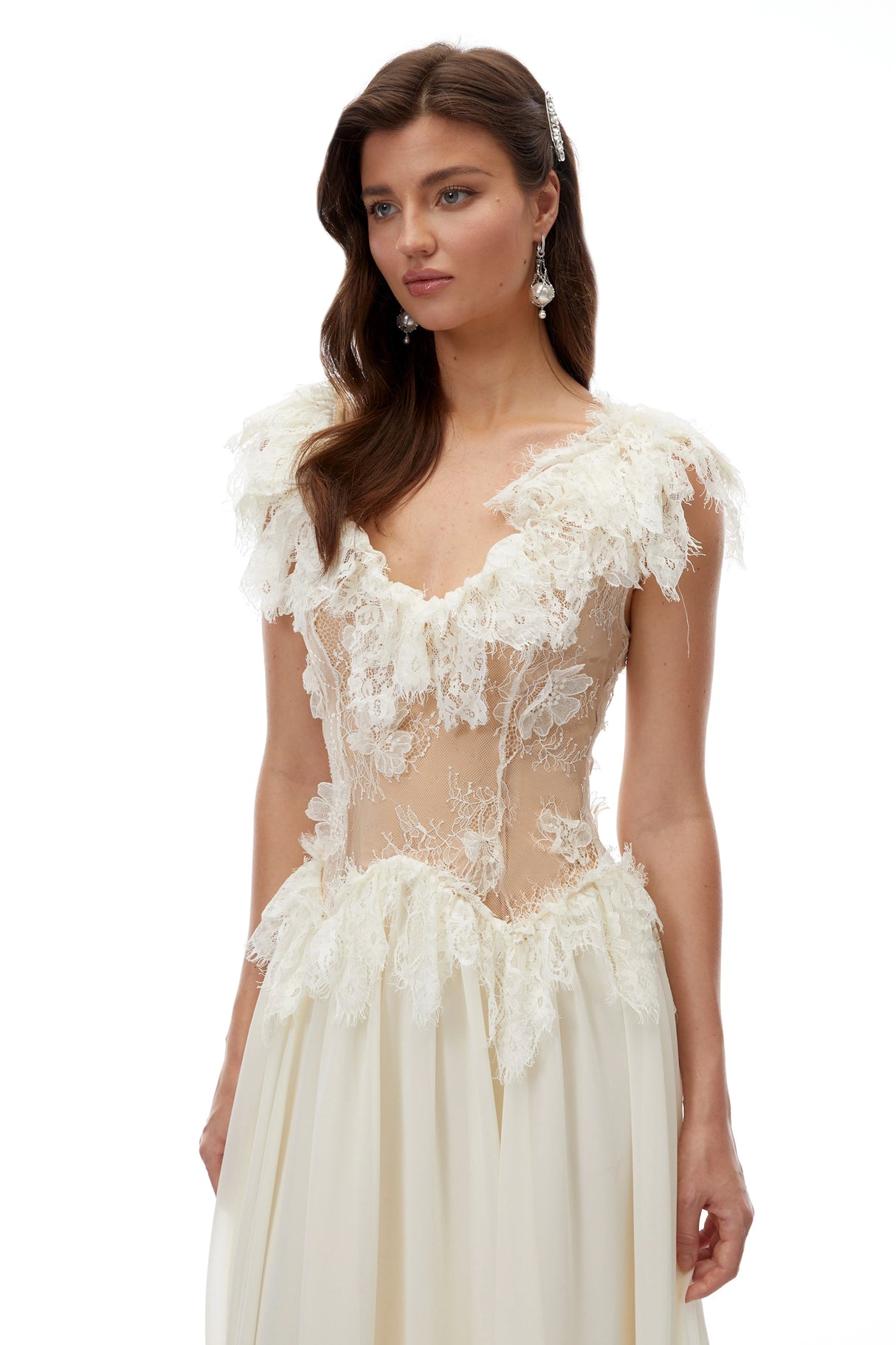Cassandre Ivory VNeck Ruffled Maxi Dress with Lace Trim