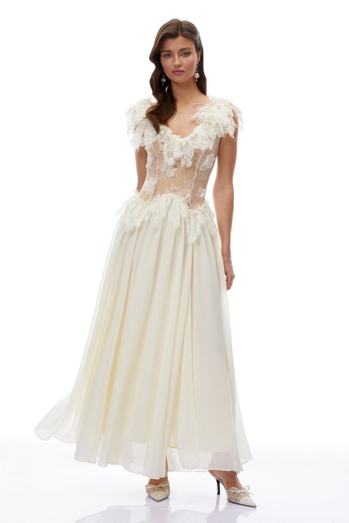 Cassandre Ivory VNeck Ruffled Maxi Dress with Lace Trim