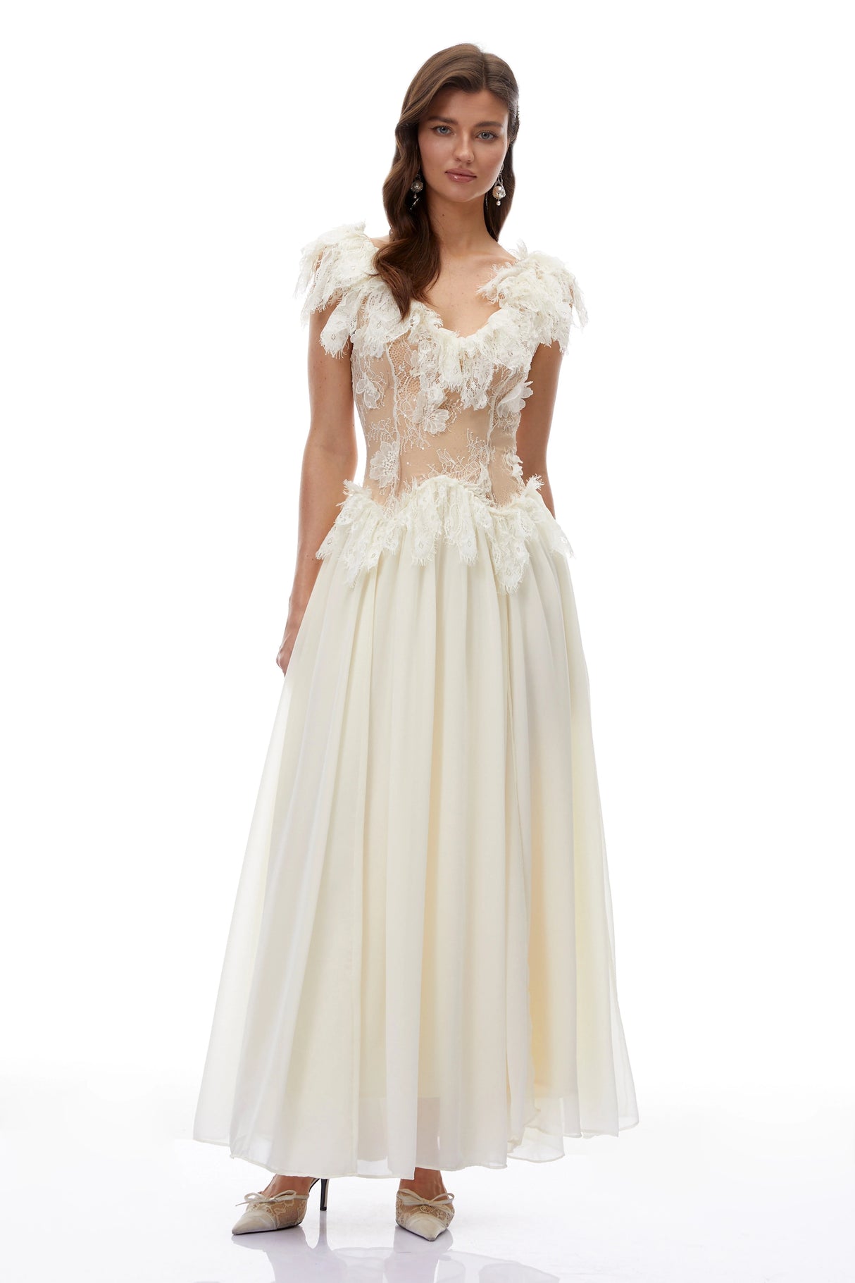 Cassandre Ivory VNeck Ruffled Maxi Dress with Lace Trim