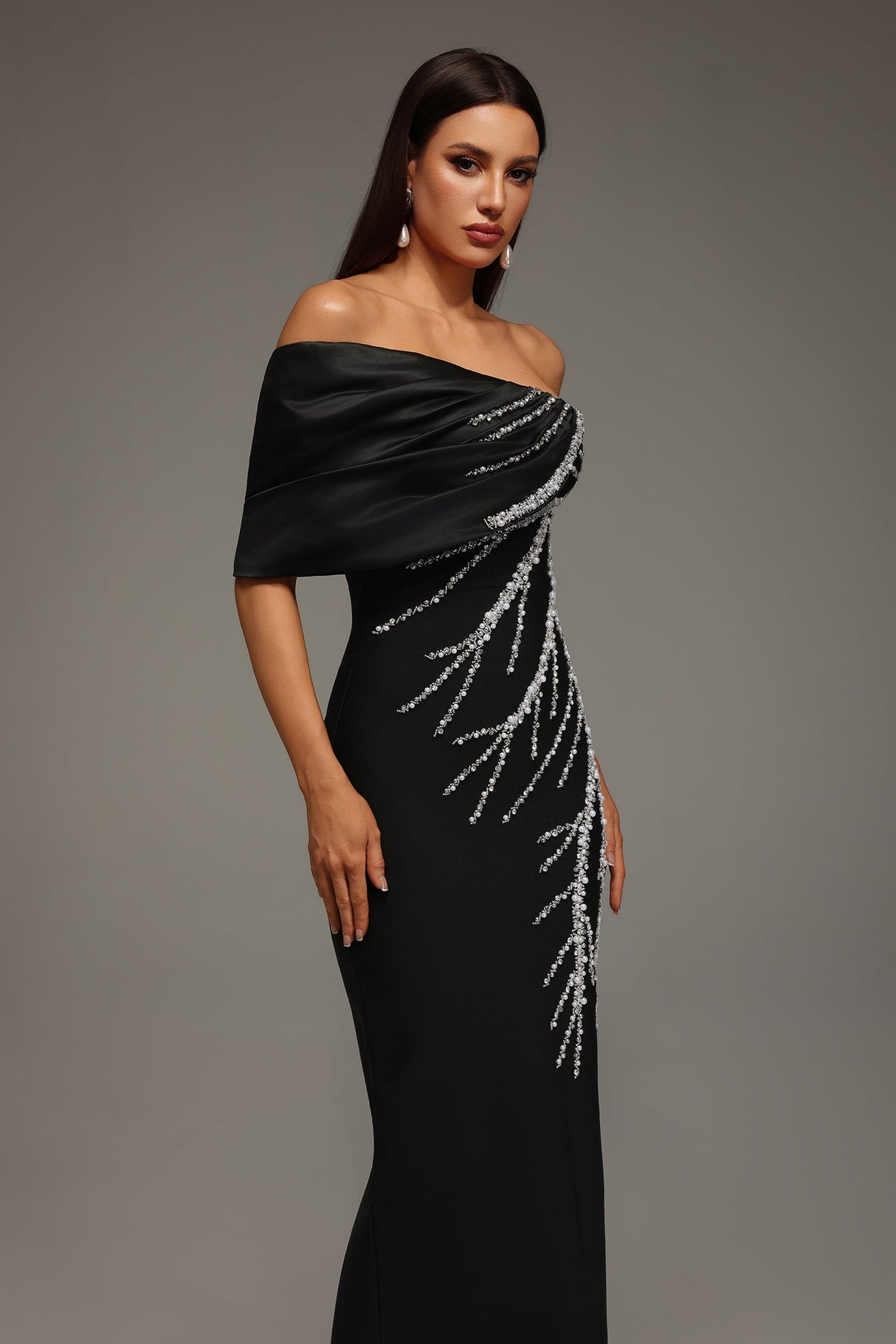 Cassidy Black Diamond Embellished One-Shoulder Dress