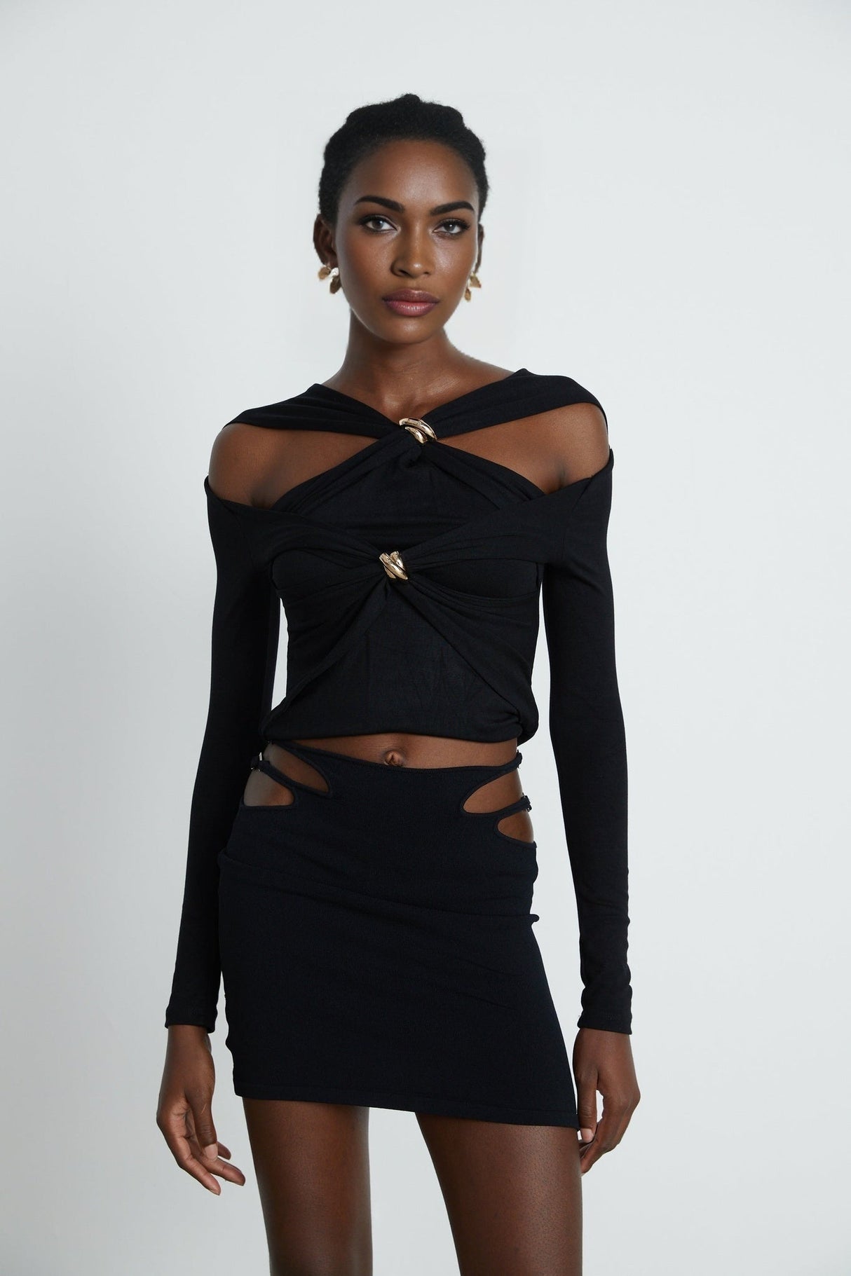 Cassidy Cut - Out Long Sleeve Top – Stretch Jersey – Gathered Detail – Gold - Tone Hardware – Zip Back