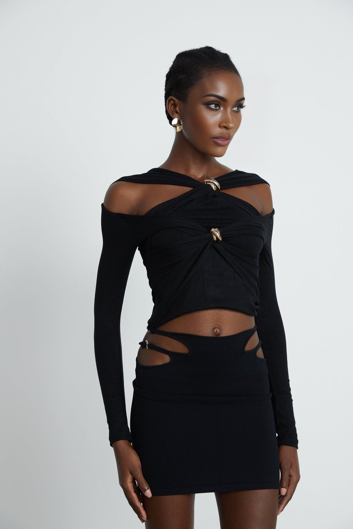 Cassidy Cut - Out Long Sleeve Top – Stretch Jersey – Gathered Detail – Gold - Tone Hardware – Zip Back