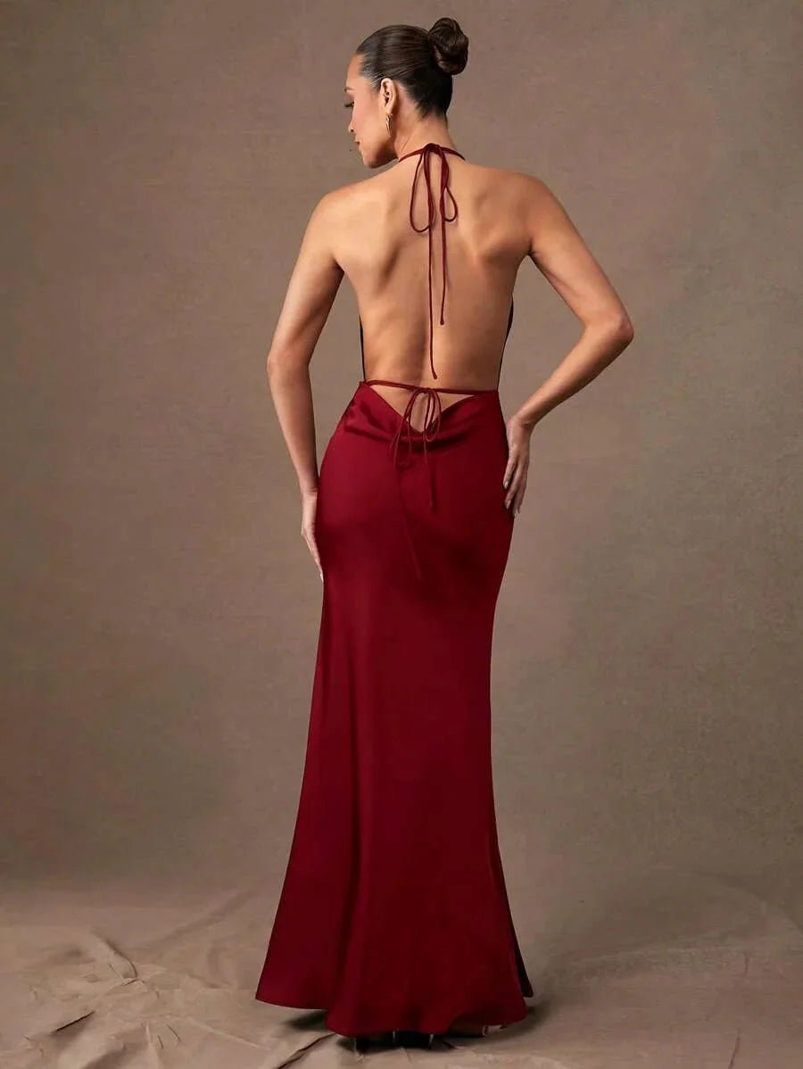 Cassidy Maxi Dress - Mermaid Hem Shape - Slim Fit Type - Sleeveless Length - Backless, Tie Back, Zipper - A Line Style - Halter Neckline