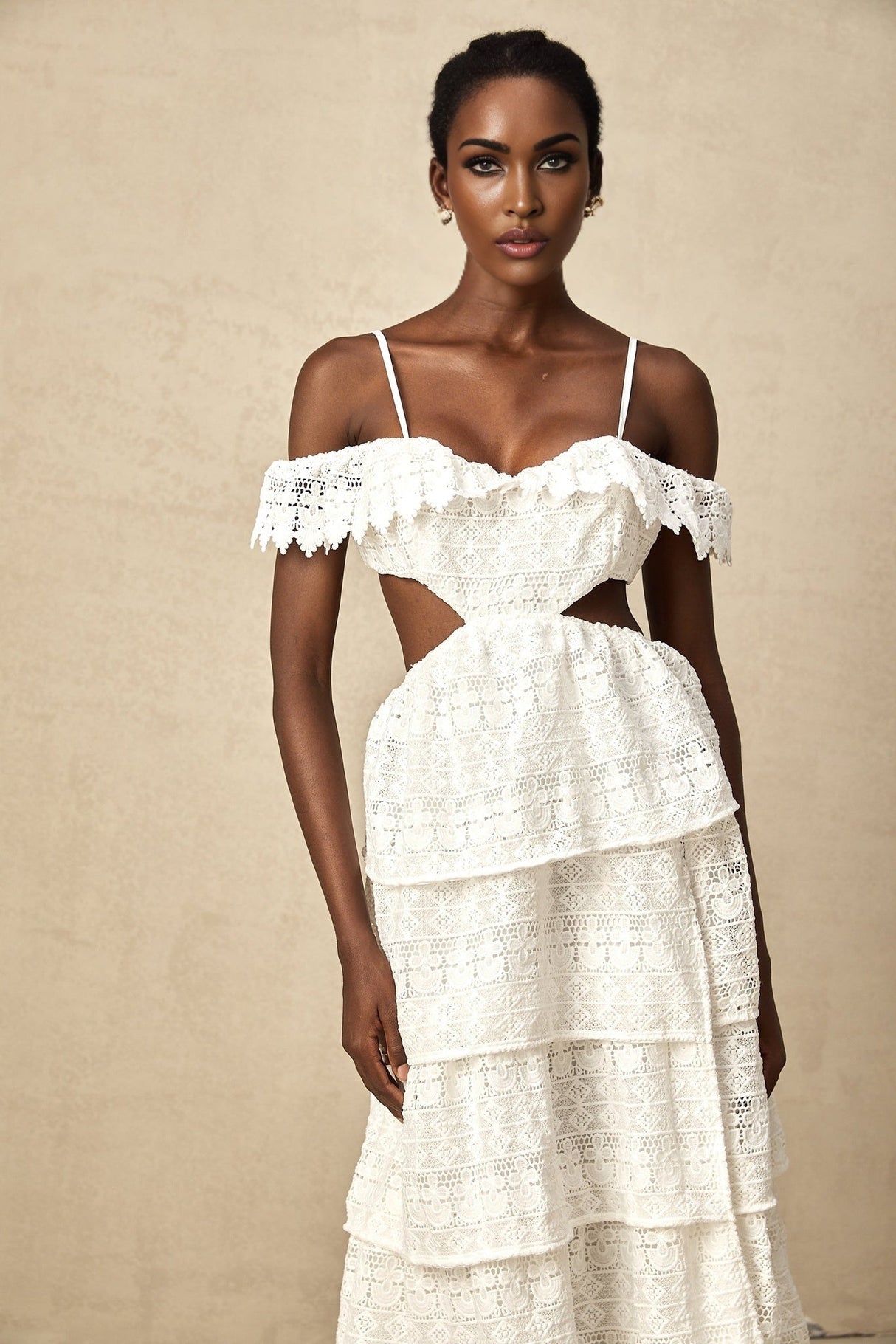 Cassidy Midi Dress - Guipure Lace - Off the Shoulder - Cut - Out Detailing - Tiered Design - Scallop Hem