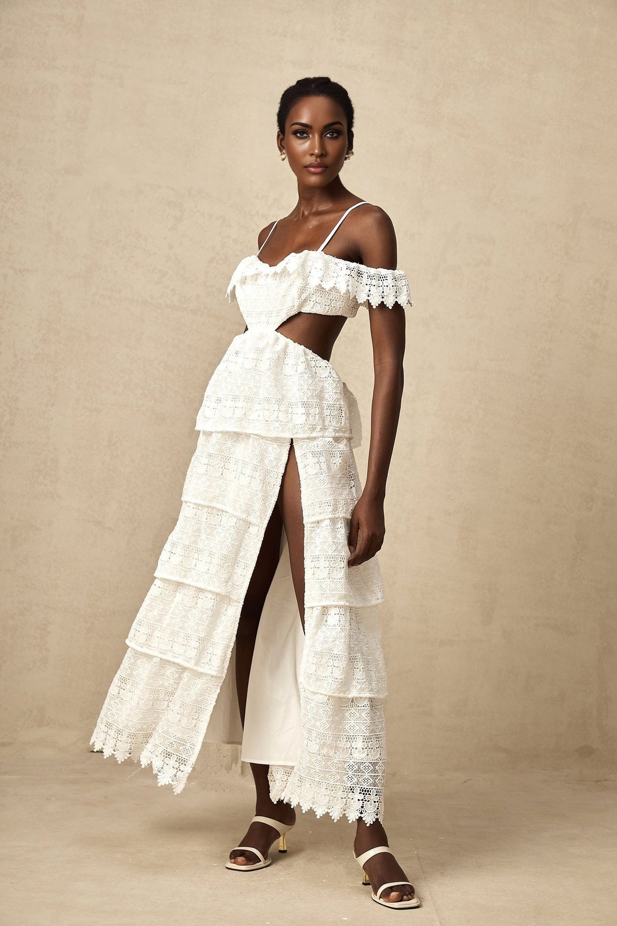 Cassidy Midi Dress - Guipure Lace - Off the Shoulder - Cut - Out Detailing - Tiered Design - Scallop Hem